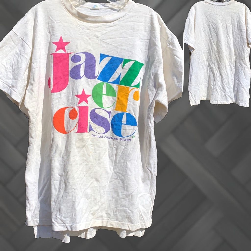 Vintage VINTAGE Jazzercise T-Shirt 80s 1980s One Size USA Alore White 100% Cotton Graphic Sportswear/Beach Men’s Women’s? Size ONE SIZE - 1 Thumbnail