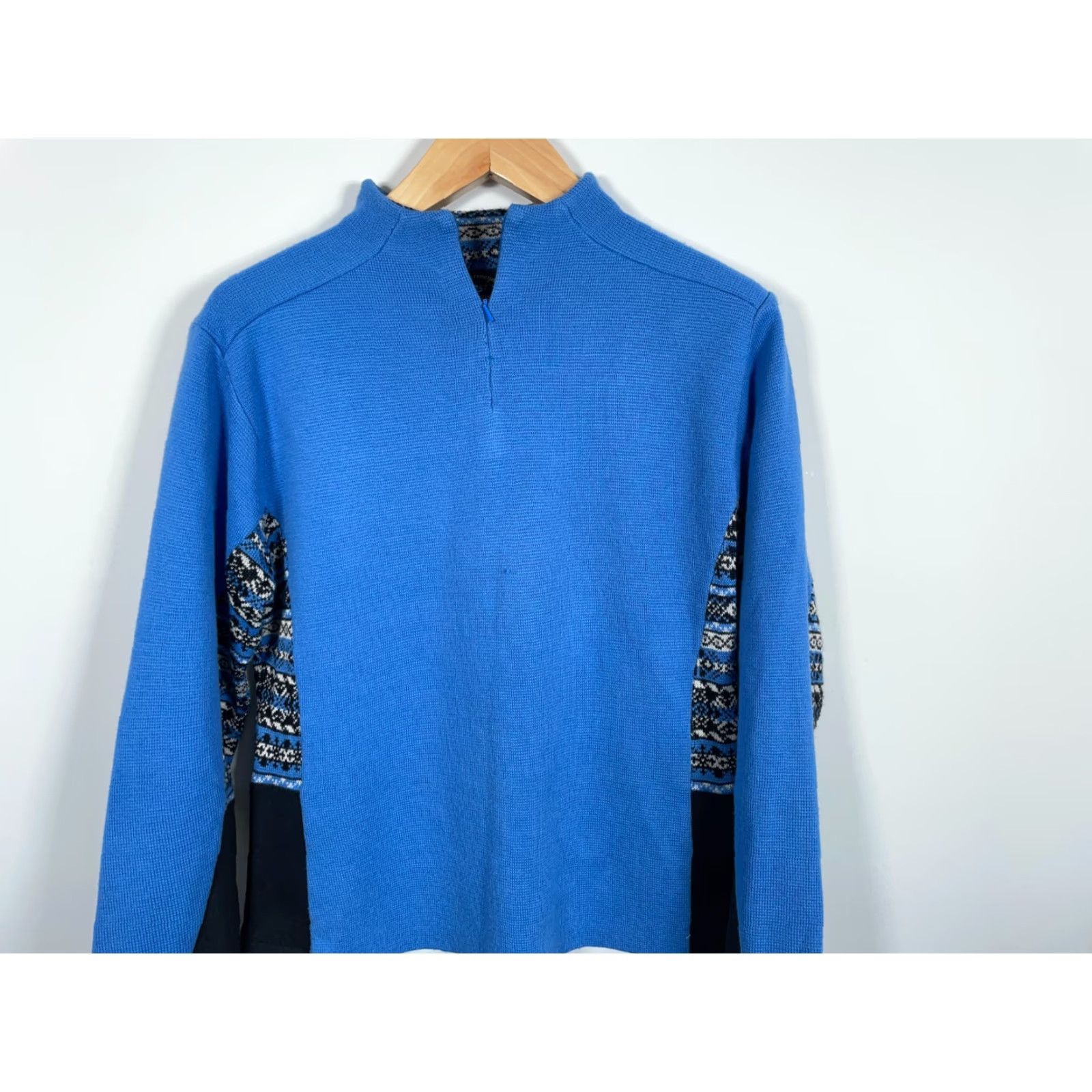 Obermeyer VINTAGE Obermeyer Women's XL Blue Black Panel 1/4 Zip Fair Isle Trim Wool Blend Sweater Pullover Knit Ski Size XL / US 12-14 / IT 48-50 - 4 Thumbnail