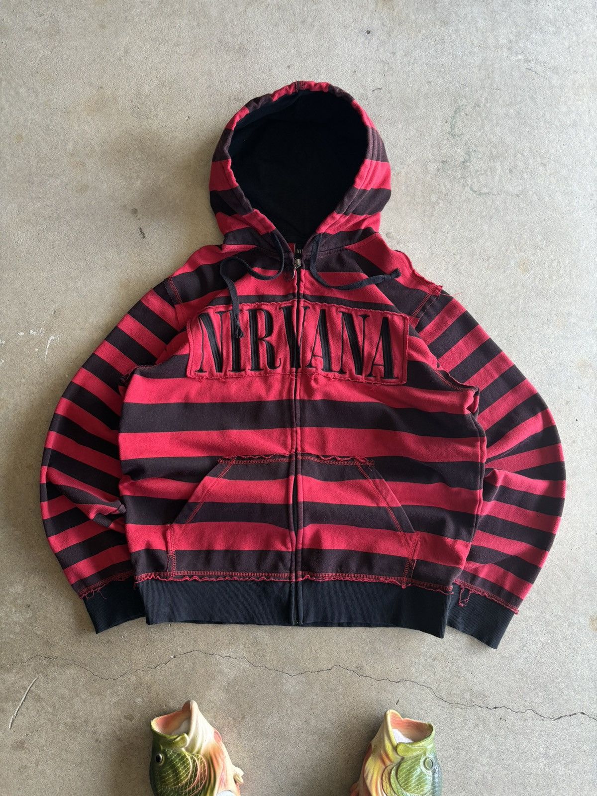 image of Vintage Crazy Nirvana Grunge Striped Zip Hoodie Kurt Cobain Style in Black, Men's (Size Large)