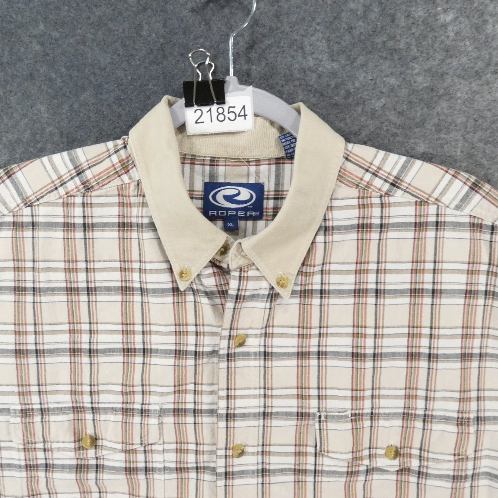 Roper Roper Shirt Mens XL Stretch Long Sleeve Button-Up Beige Plaid Western Size US XL / EU 56 / 4 - 2 Thumbnail