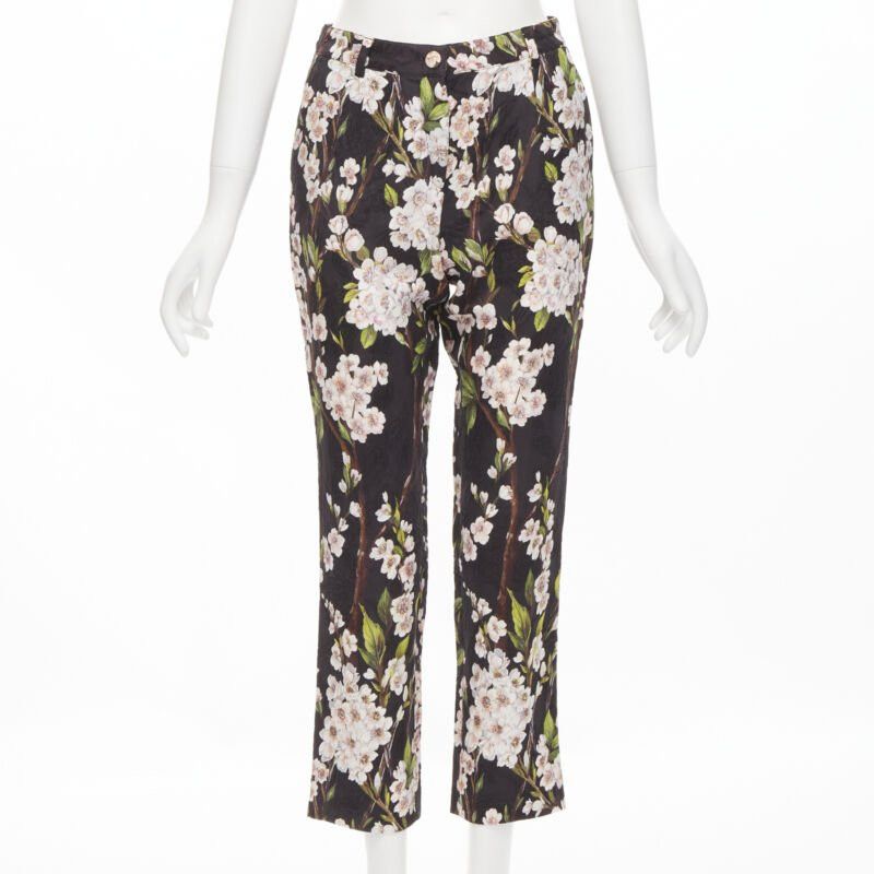 DOLCE GABBANA black pink floral blossom print jacquard cropped pants IT36 XXS