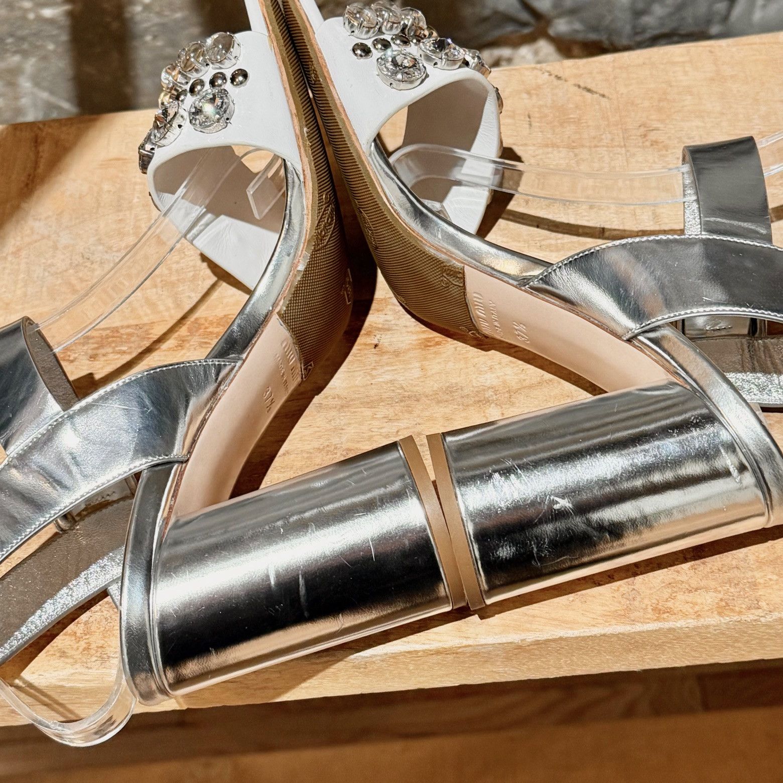 Miu Miu Miu Miu Silver Metallic White Leather Crystal Heeled Sandals Size US 7.5 / IT 37.5 - 10 Thumbnail