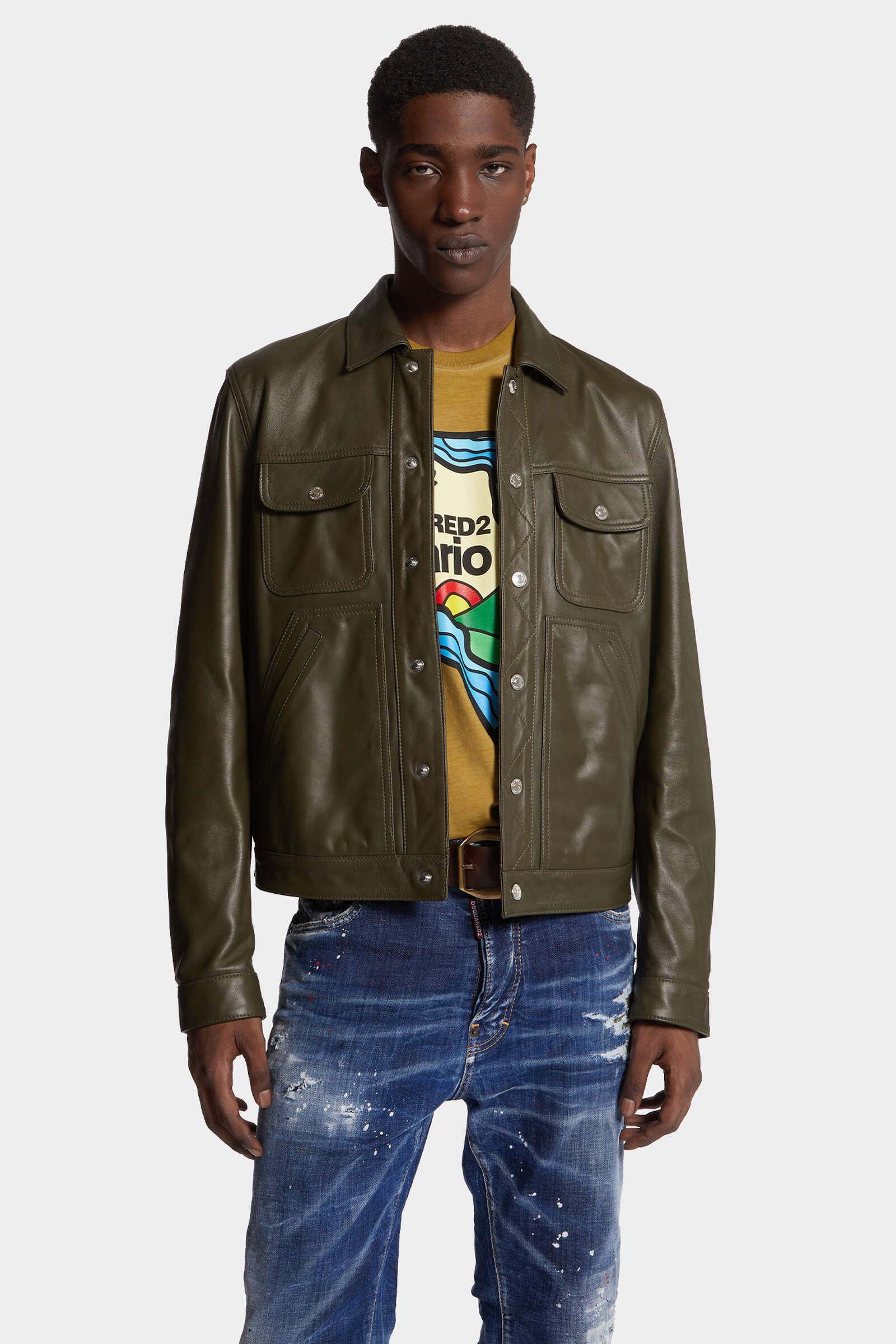 Dsquared2 o1mle0126 Leather Boxy Jean Jacket in Military Green Size US M / EU 48-50 / 2 - 3 Thumbnail