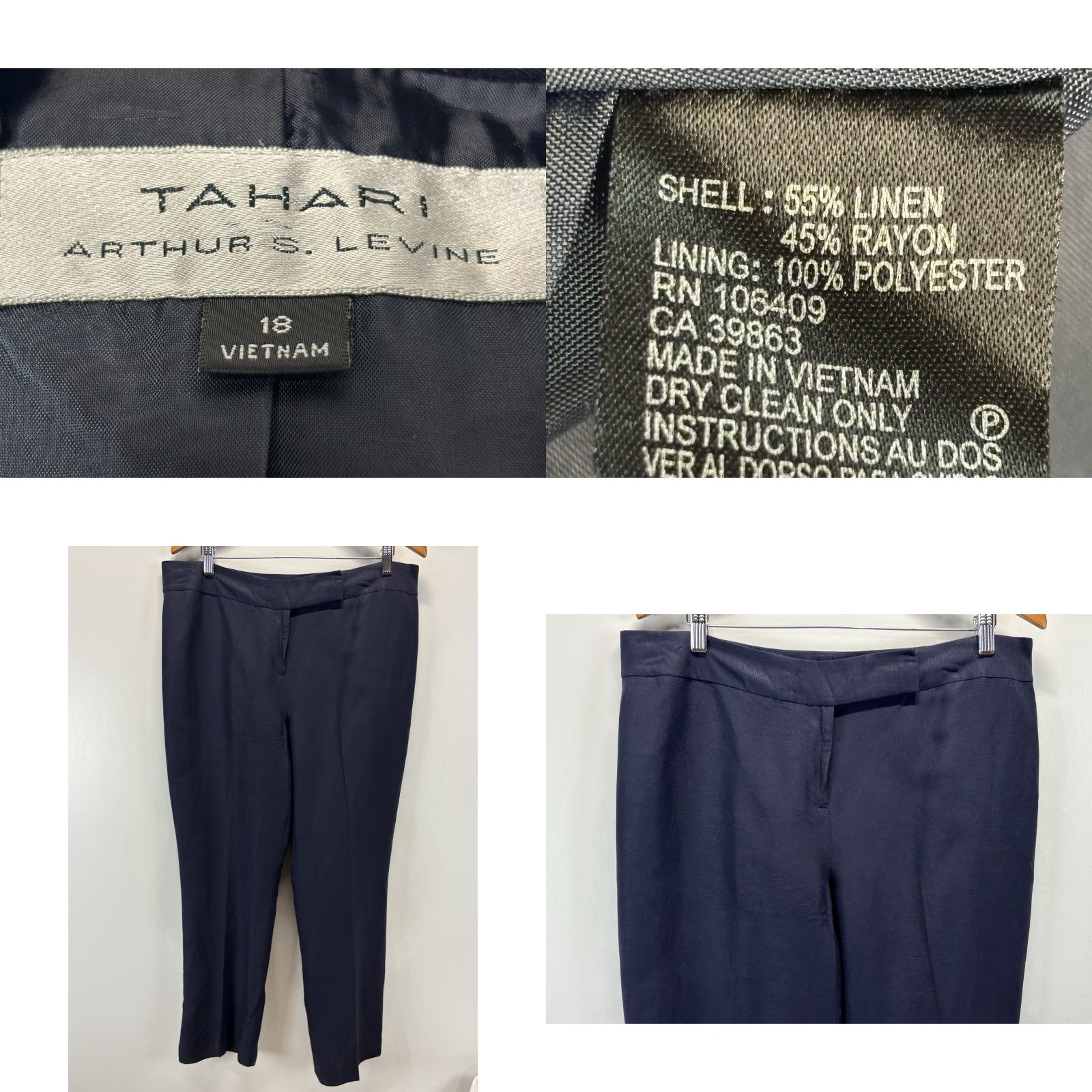 Vintage TAHARI 2 Pc Pant Suit Plus Size 18 Women’s Navy Linen Blend Business Size 40" / US 18 - 8 Thumbnail