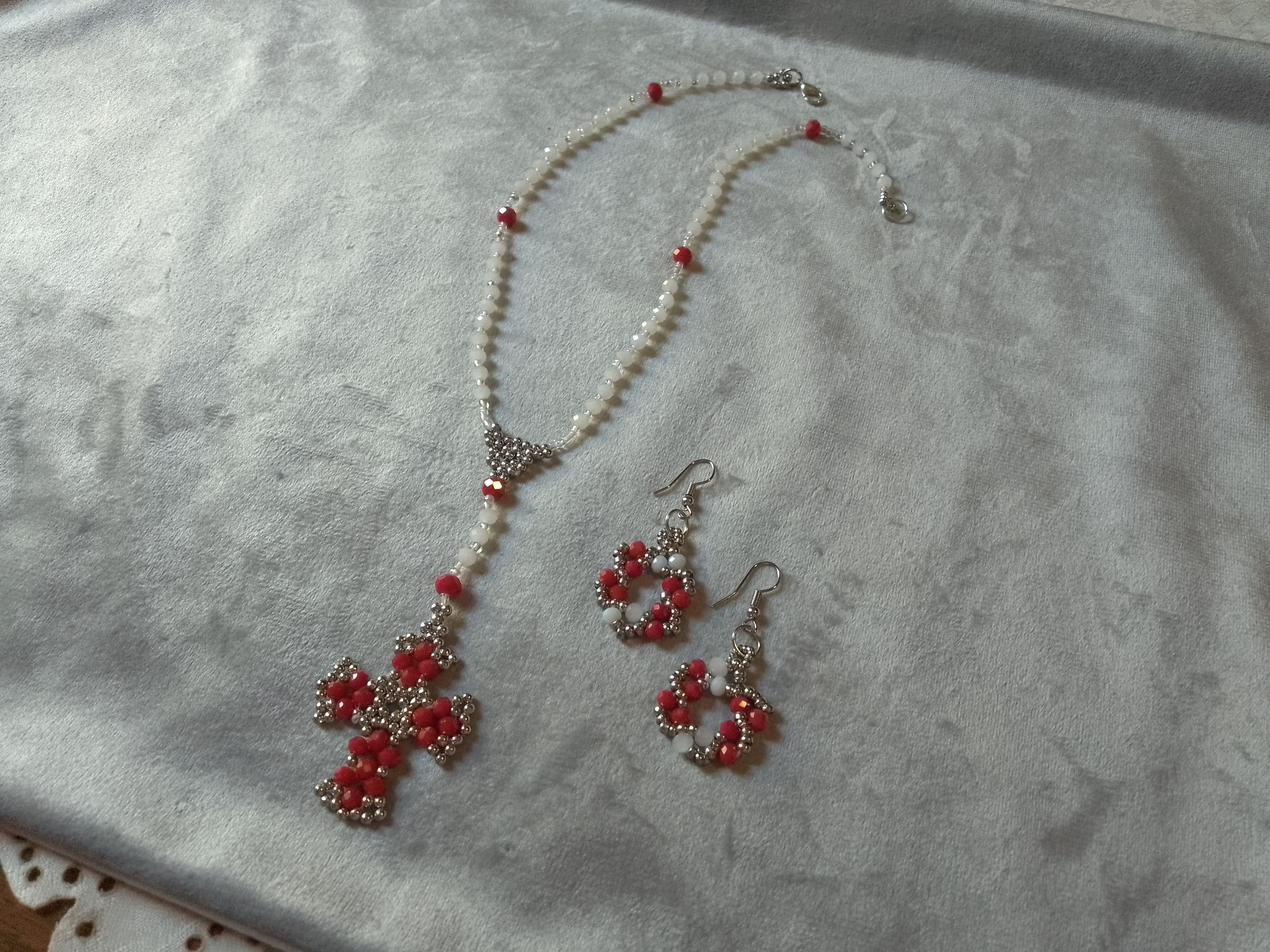 Handmade Necklace/Rosary White/Red Crystal. Cross Earrings Size ONE SIZE - 1 Thumbnail
