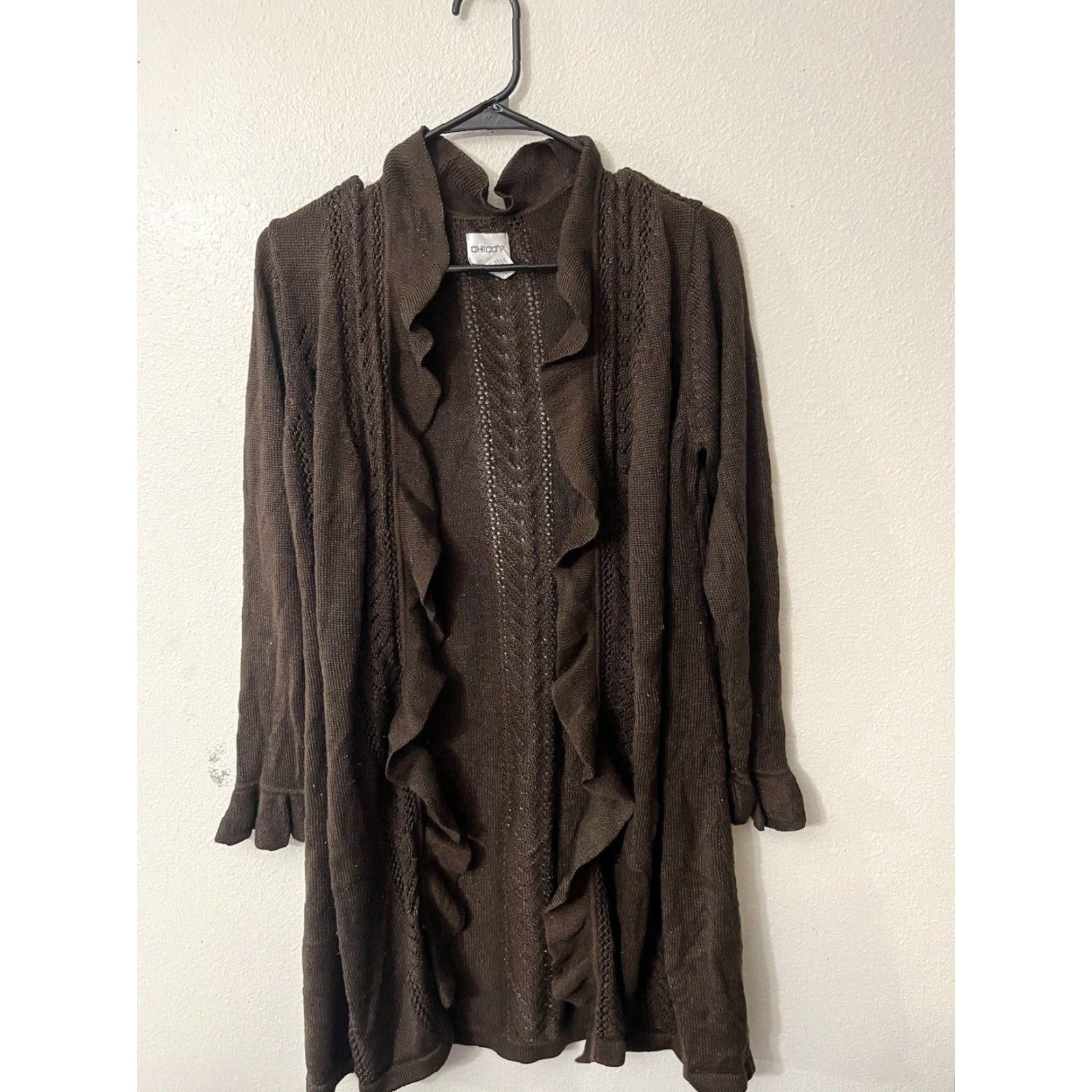Vintage VINTAGE Chico’s Long Open Cardigan Tunic Sweater Brown Long Flounced Sleeve Size 2 Size XS / US 0-2 / IT 36-38 - 2 Thumbnail