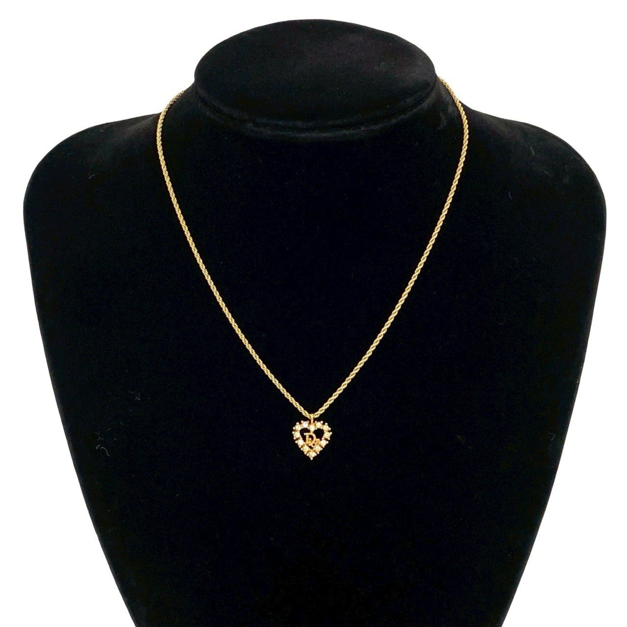 Dior Christian Dior Logo Heart Motif GP Rhinestone Chain Necklace Pendant Gold 68683 Size ONE SIZE - 1 Thumbnail