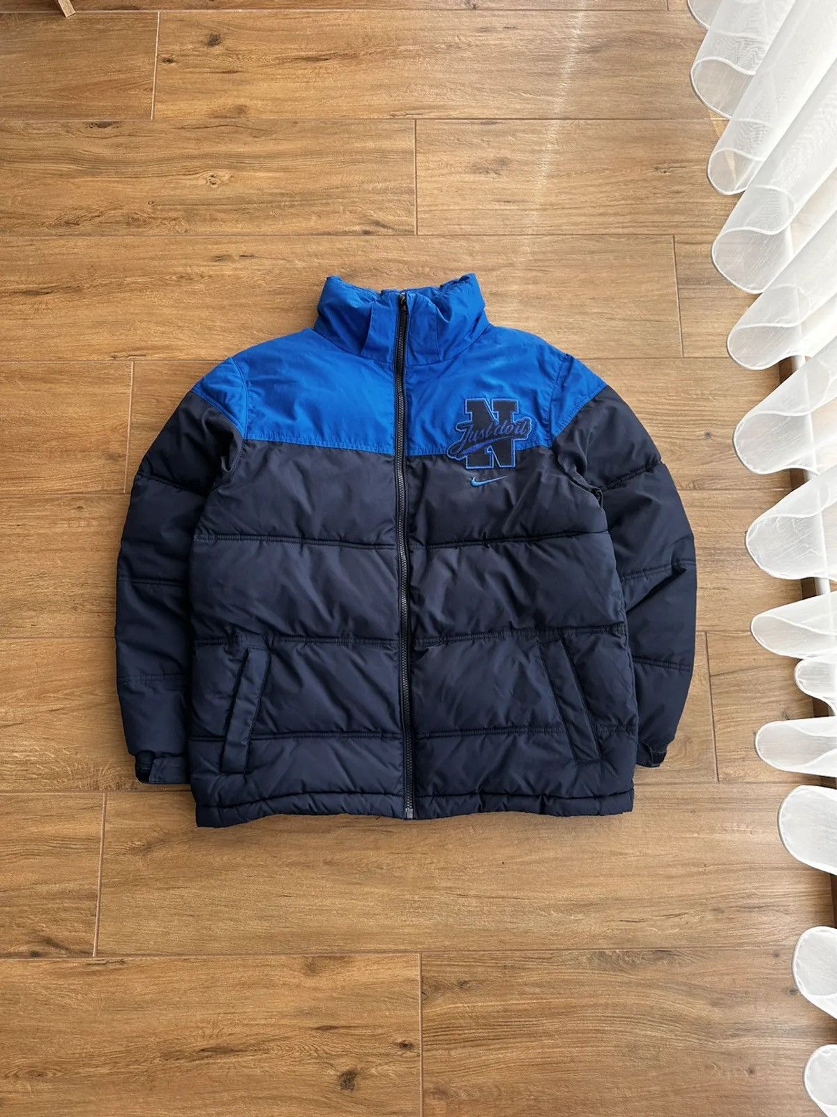 image of Nike Big Logo Drill Puffer Streetwear Jacket in Navy, Men's (Size Small)