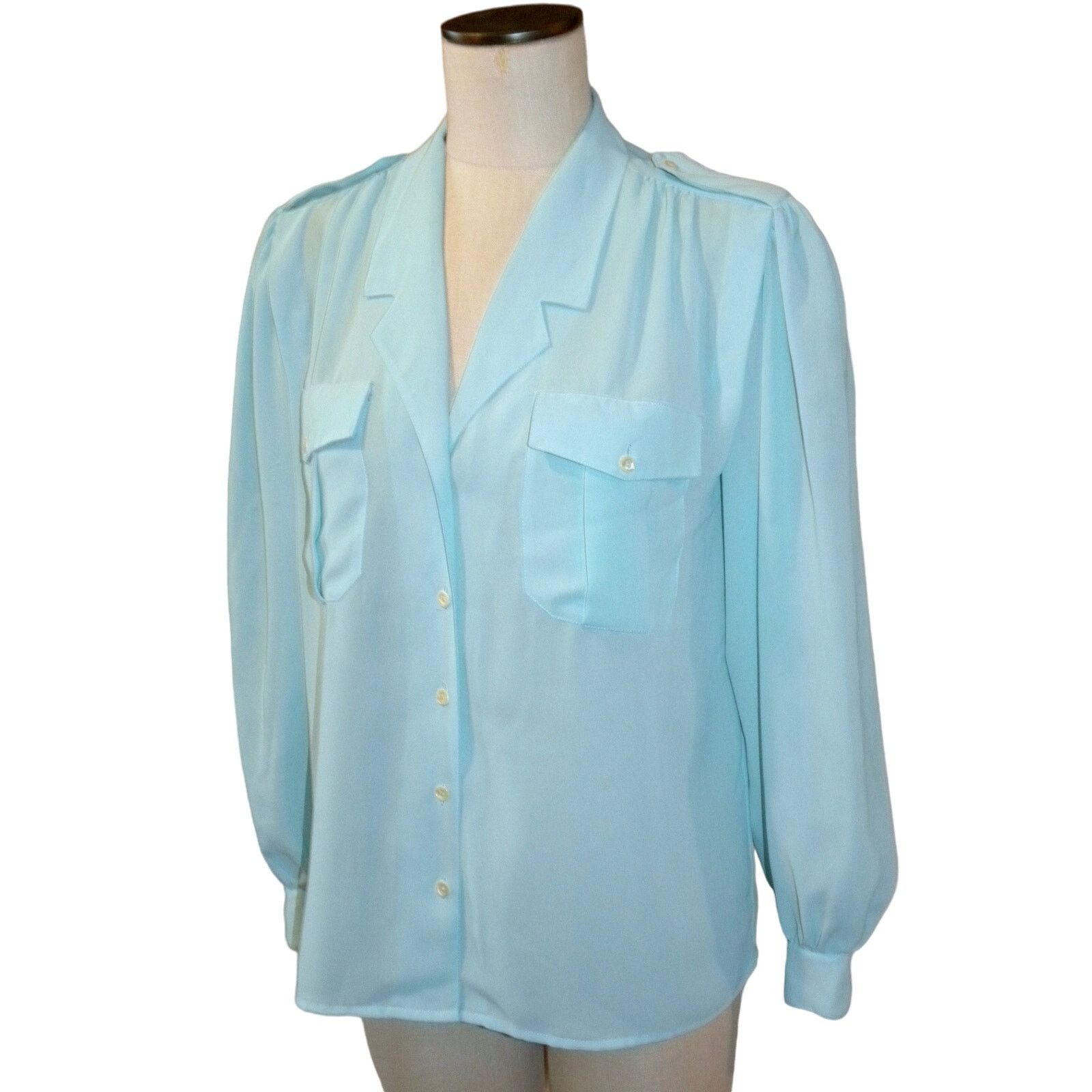 Vintage 90s Y2K Semi Sheer Turquoise Blouse w Epaulettes CHAUS | S Size S / US 4 / IT 40 - 2 Thumbnail