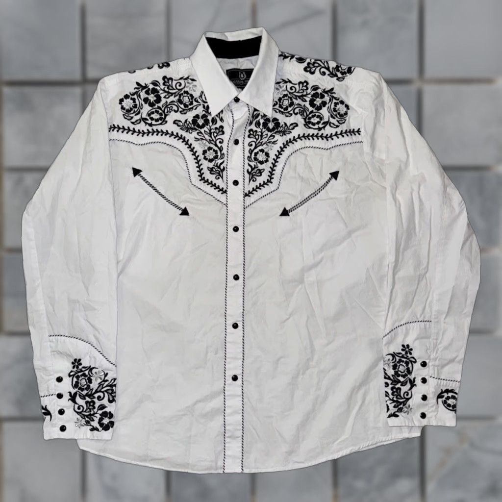 Vintage VINTAGE Salvaje Oeste Western Pearl Snap Shirt White Black Embroidered Large 22x28 Size US L / EU 52-54 / 3 - 1 Thumbnail
