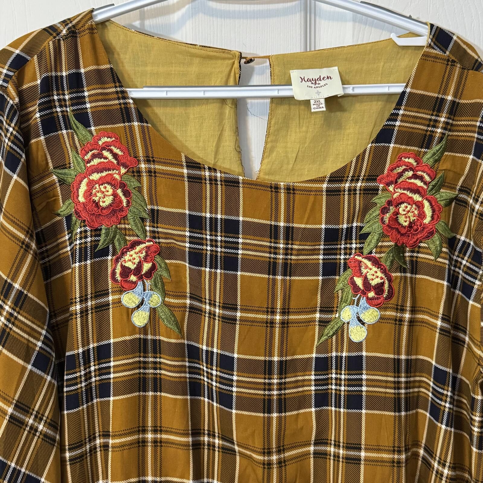 Hyden Yoo Hayden Mustard Plaid Dress with Floral Embroidery 2XL Size XS / US 0-2 / IT 36-38 - 3 Thumbnail