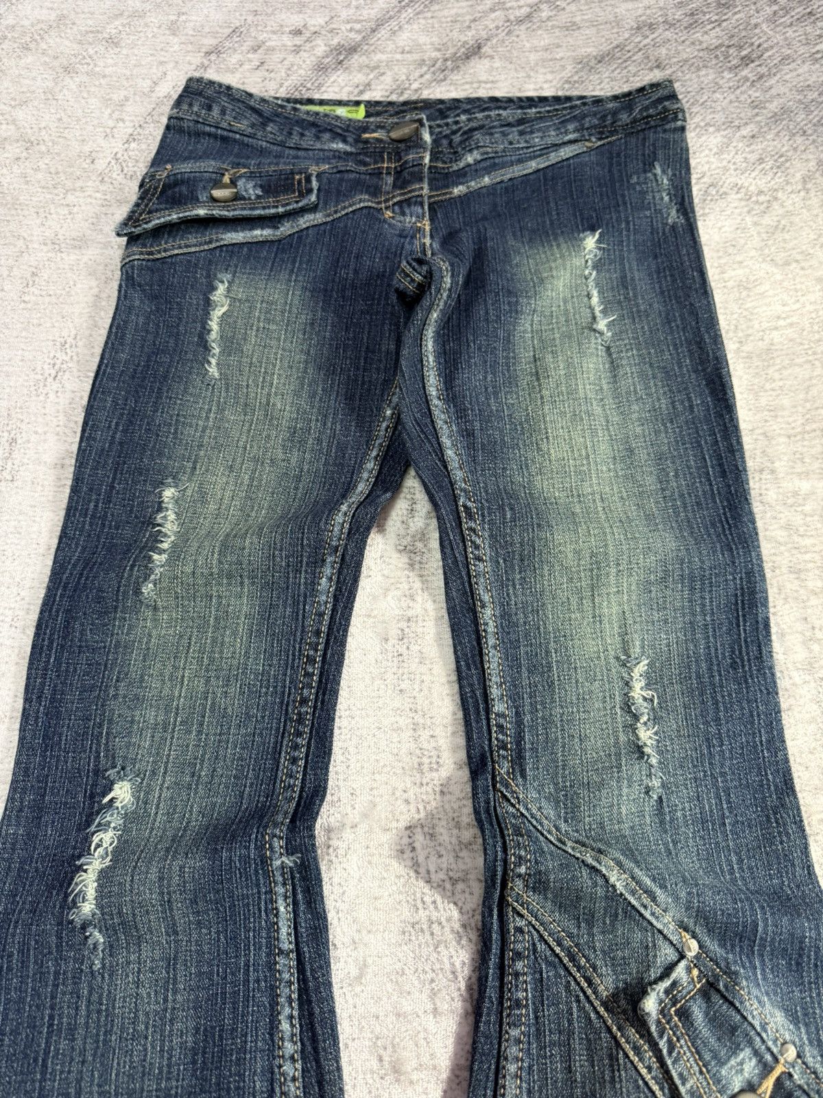 Japanese Brand × Le Grande Bleu (L.G.B.) × Tornado Mart GHC Deconstructed Panel Green Mud Wash Low Rise Flared Jeans Size US 27 - 3 Thumbnail