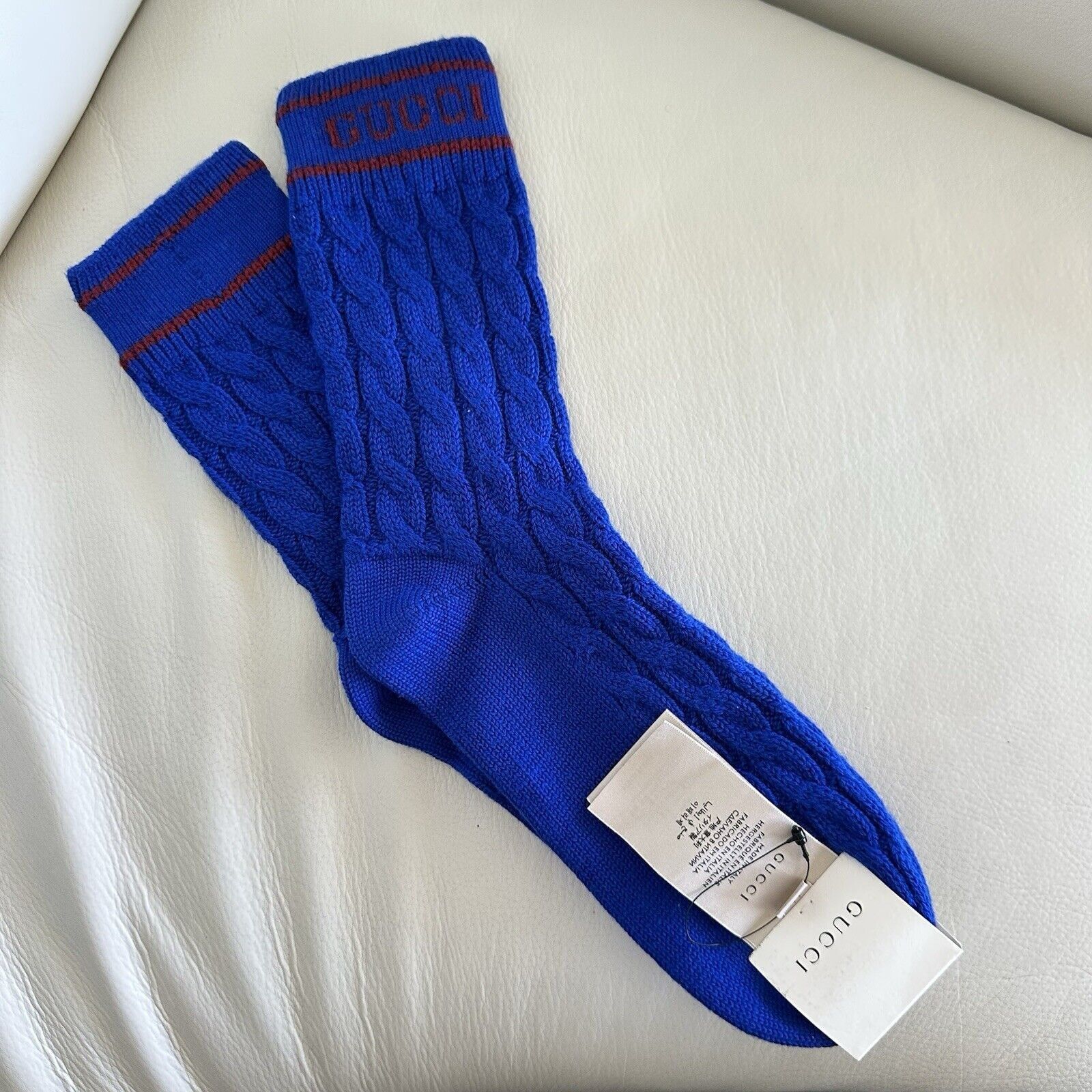 Gucci NWT GUCCI CABLE KNIT SOCKS BLUE RED Ankle SZ M Size ONE SIZE - 7 Thumbnail