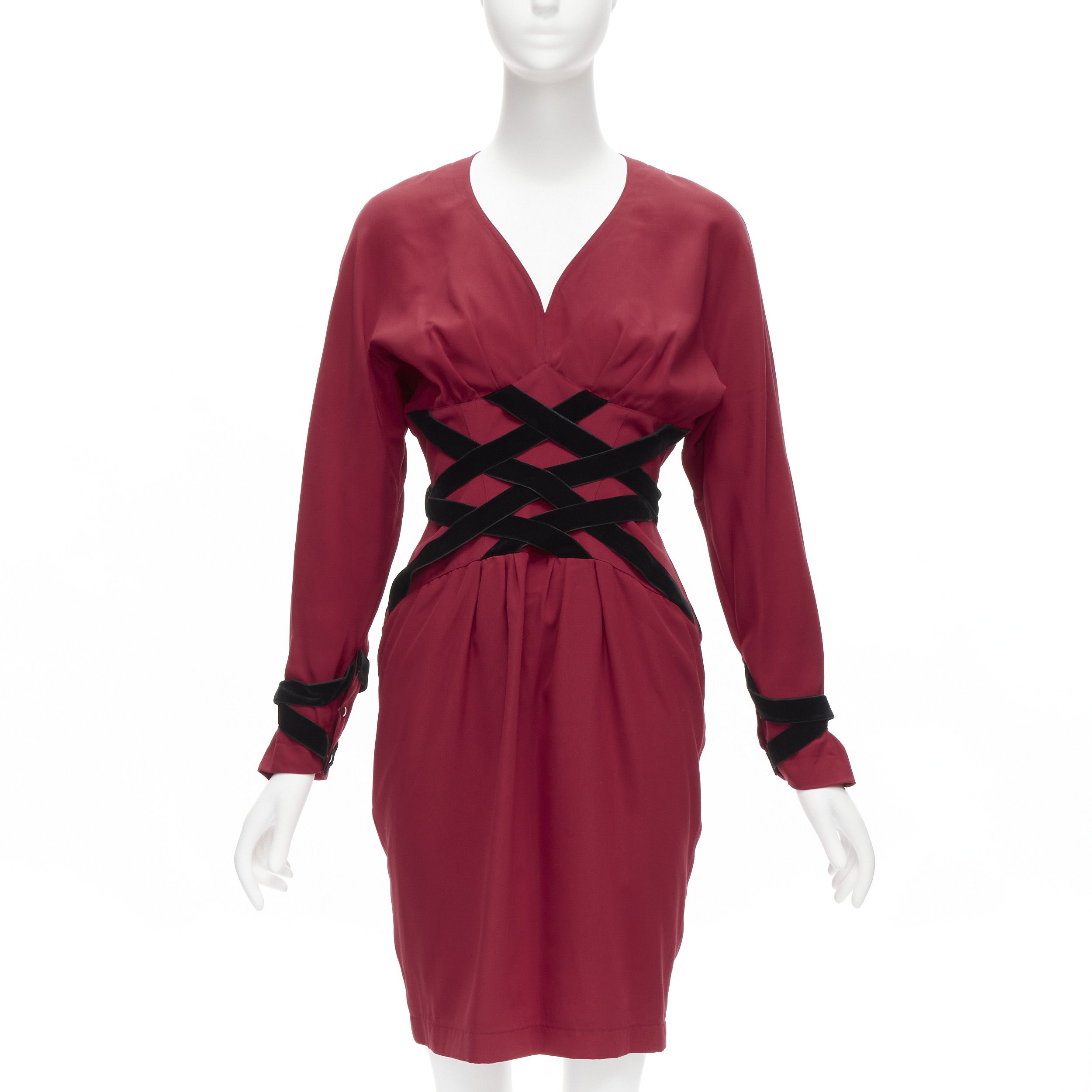 THIERRY MUGLER Vintage black velvet crisscross corset red dolman cocktail dress IT7AR S