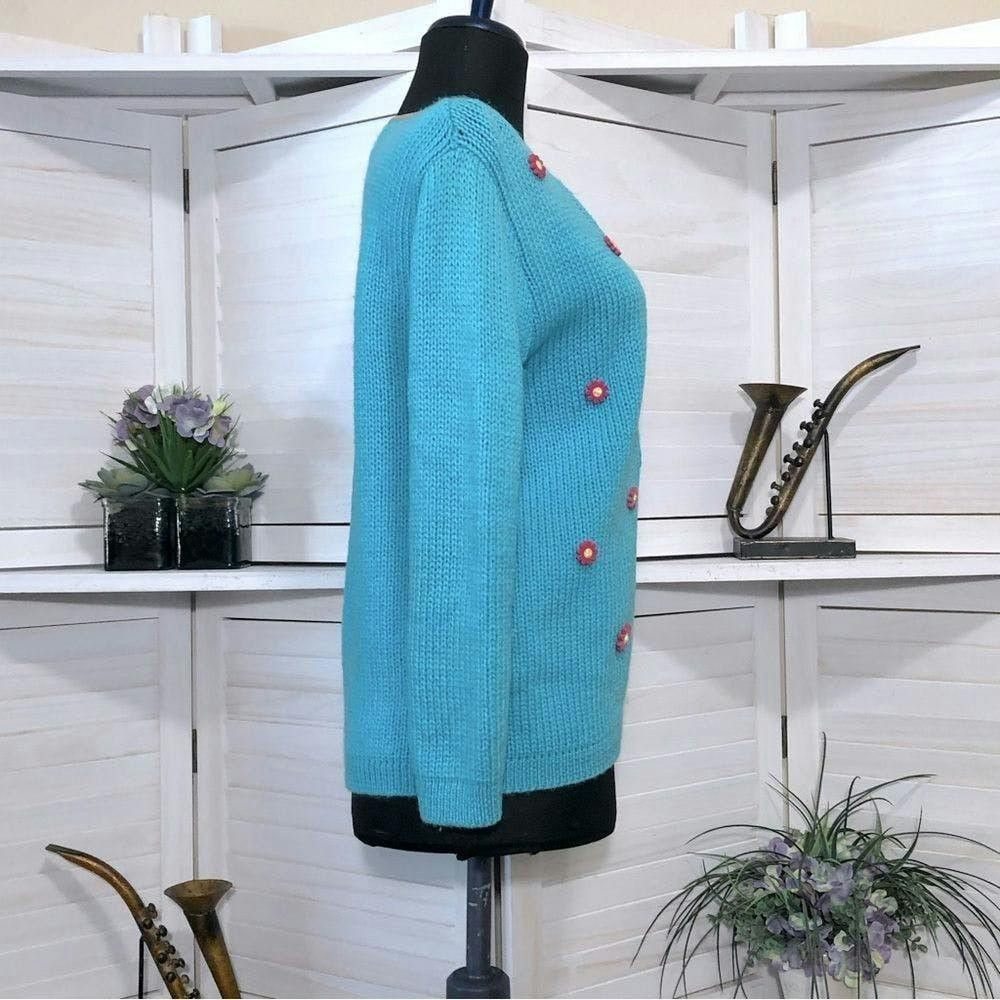 Vintage Vtge 80s pink daisies buttons teal blue granny cardigan M Size M / US 6-8 / IT 42-44 - 5 Thumbnail