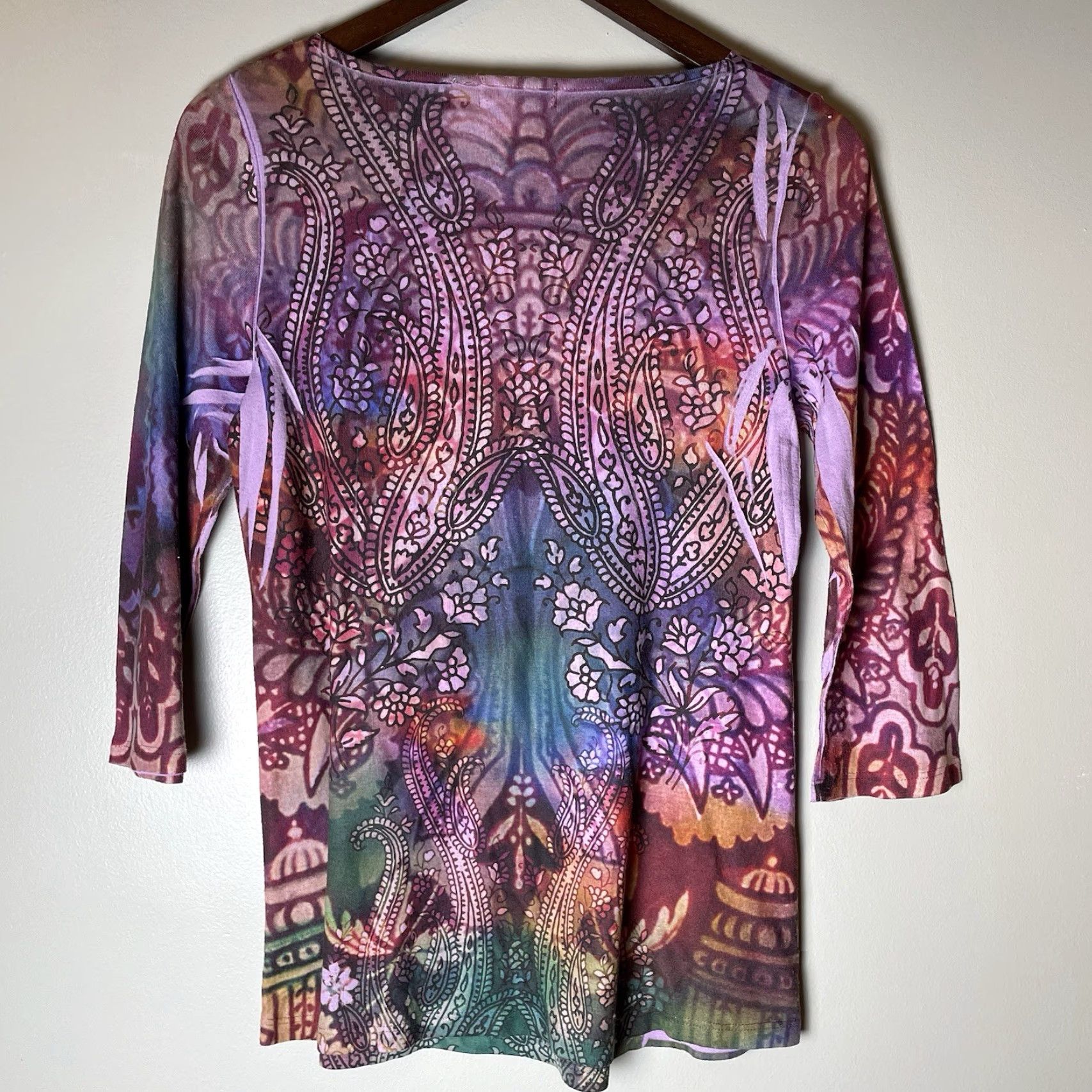 Vintage ENERGE by ONEWORLD Top Purple Boho 3/4 Sleeve V-Neck Knit Floral Embroidered Fairy Hippie Stretch M Womens Regular Size M / US 6-8 / IT 42-44 - 5 Thumbnail