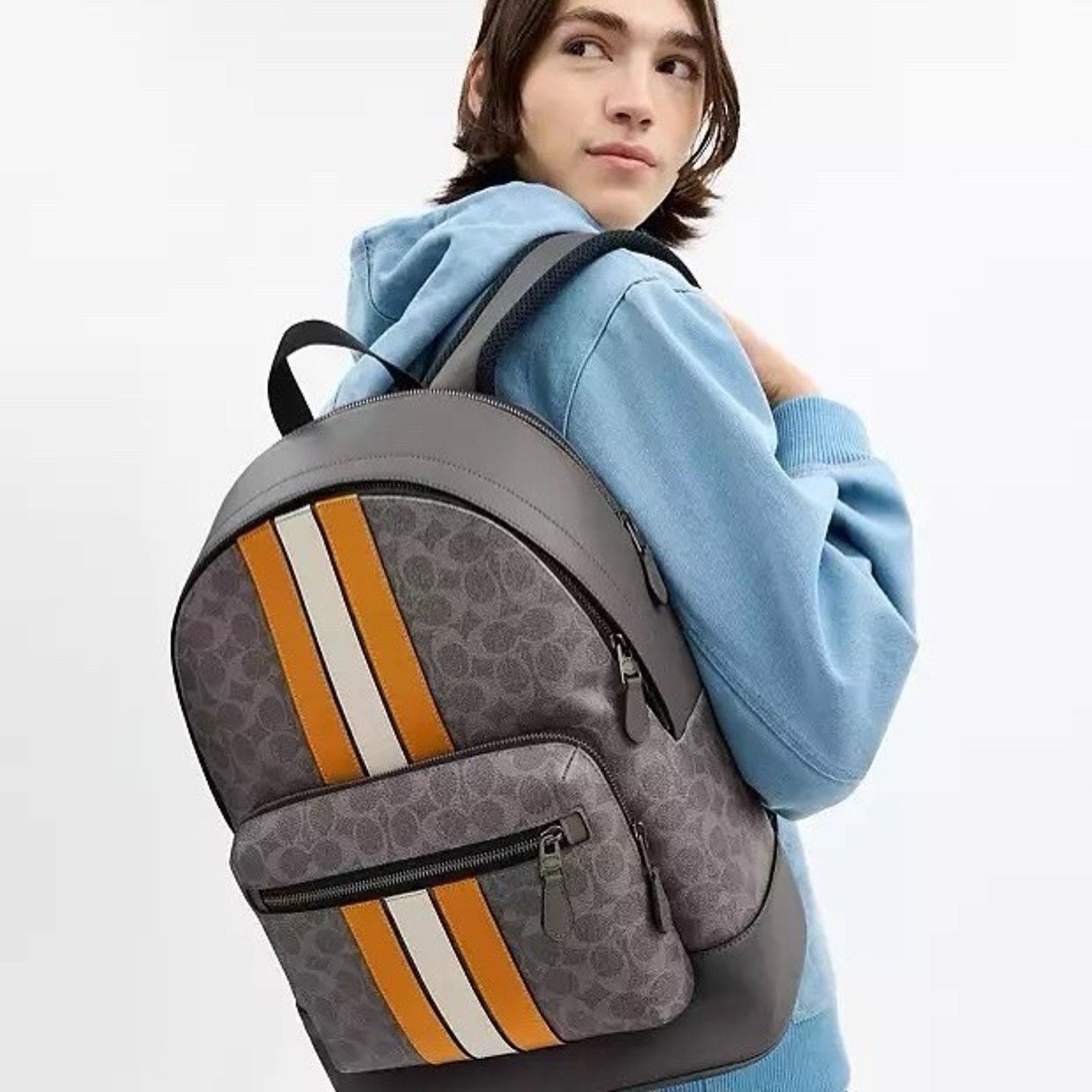 Coach NWT Coach Cv922 West Backpack Varsity Stripe Grey/Ochre Size ONE SIZE - 7 Thumbnail