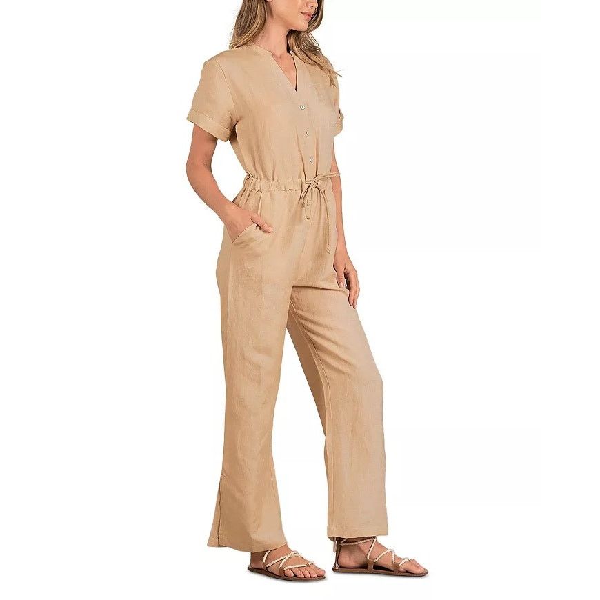 ELAN Elan Women Taupe Woven Linen/Viscose Casual Jumpsuit Size XS Size 26" / US 2 / IT 38 - 3 Thumbnail