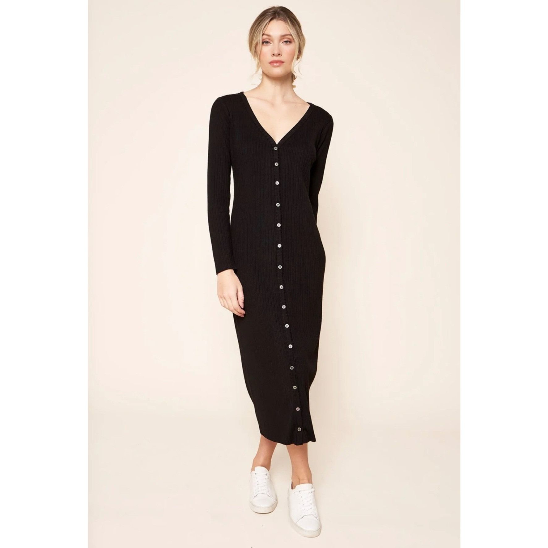 Other Sugar + Lips Black Ribbed Knit Button-Up Midi Cardigan Dress Size M / US 6-8 / IT 42-44 - 2 Thumbnail