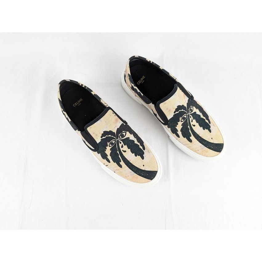 o1rshd1 Palm Tree Printed Canvas Flat Slip On 05 Beige/Black