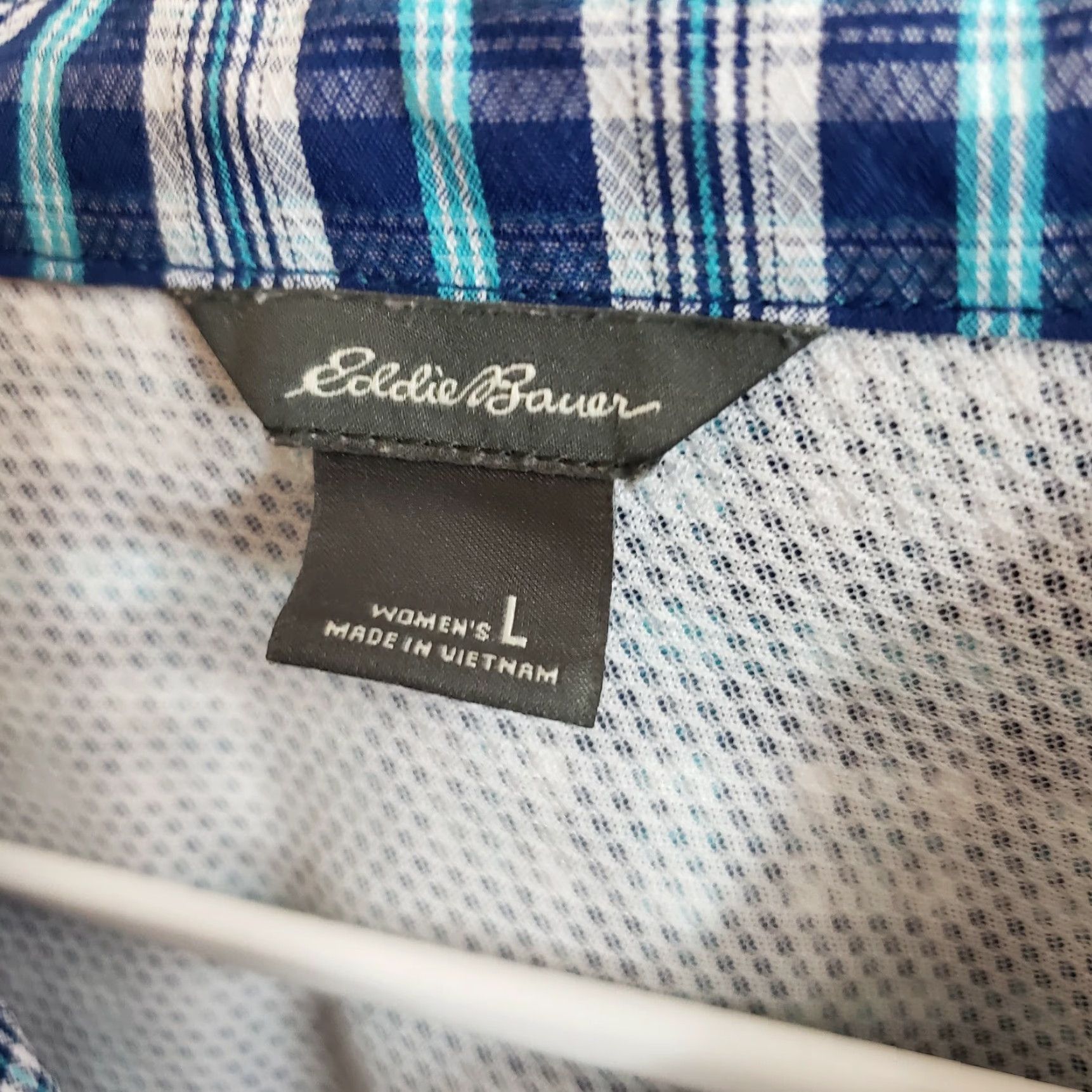 Eddie Bauer Eddie Bauer Women's Button-Front Shirt L Blue Plaid Nylon Blend Shirt, Casual, Long Sleeve, Collared, Regular, Colorful Pattern, Womens Size L / US 10 / IT 46 - 6 Thumbnail