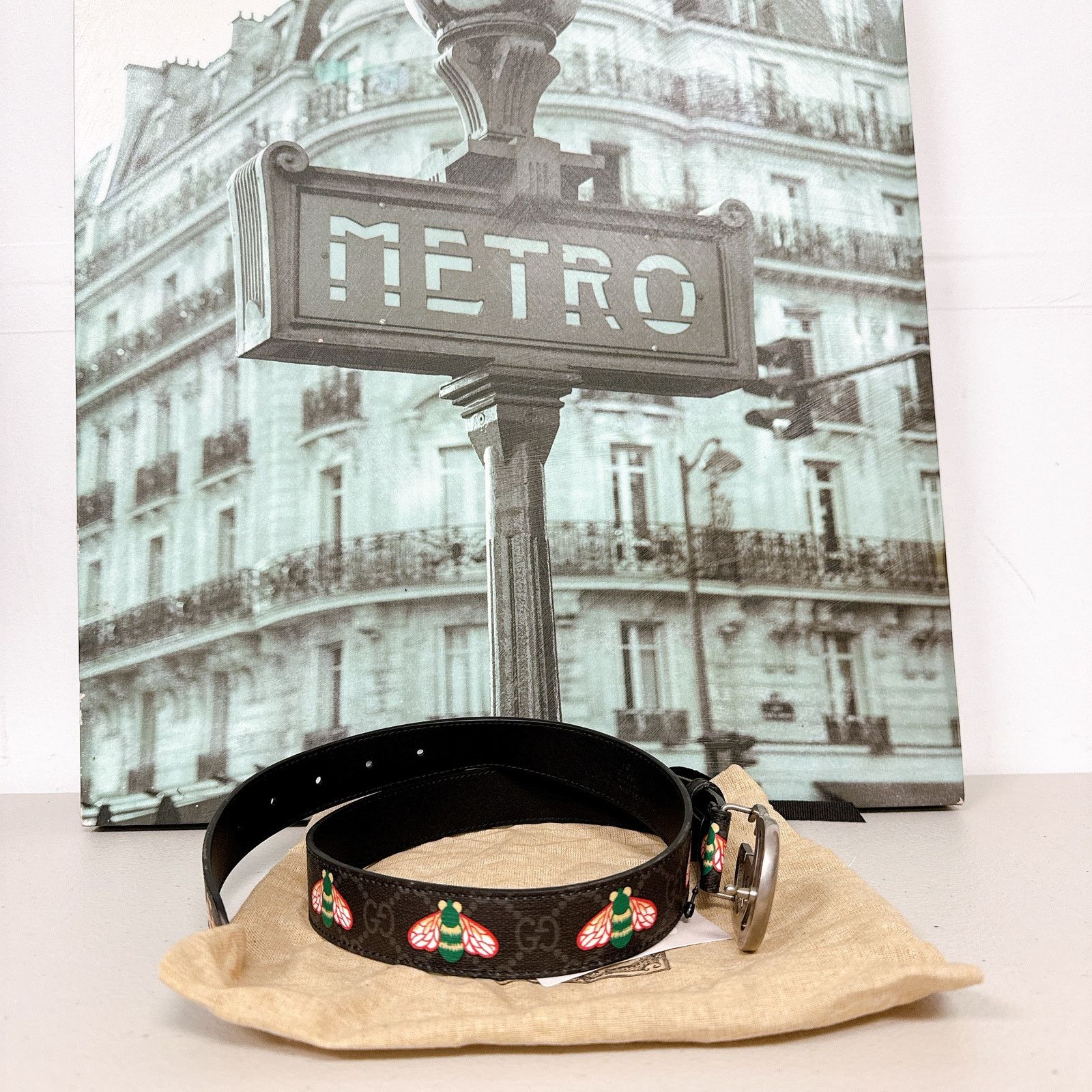 Gucci Gucci 414516 GG Logo Buckle Marmont Bees Print Leather Belt Size ONE SIZE - 2 Thumbnail