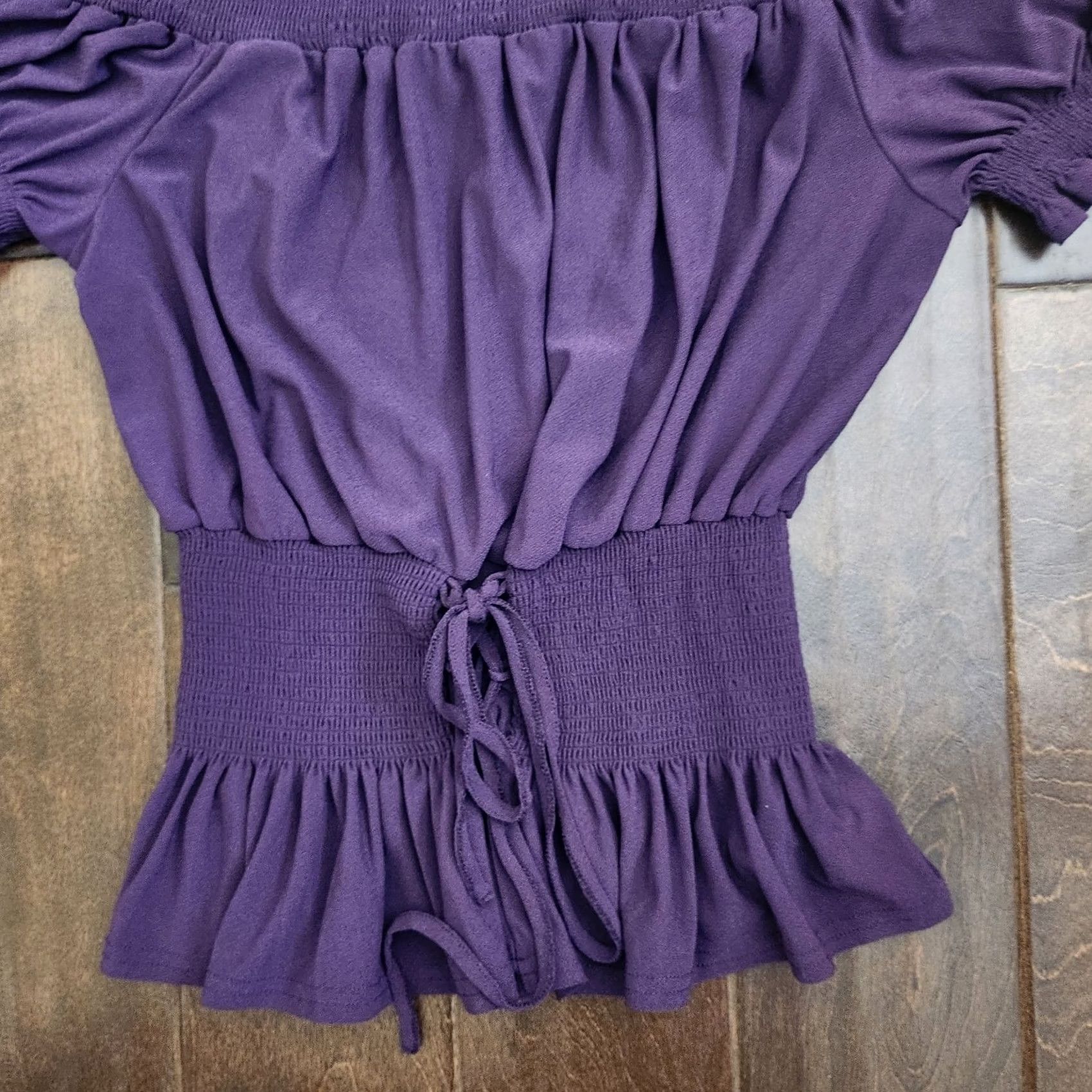 Vintage Sweet Wanderer Purple off Shoulder Top Short Sleeve L Juniors Elastic Waist Zig Zag Laced Up Bow Tie Blouse Size L / US 10 / IT 46 - 6 Thumbnail