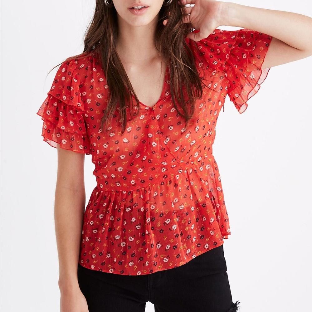 Madewell Madewell l NWT Tiered-Sleeve Peplum Top MetallicPosies Small Size S / US 4 / IT 40 - 1 Thumbnail