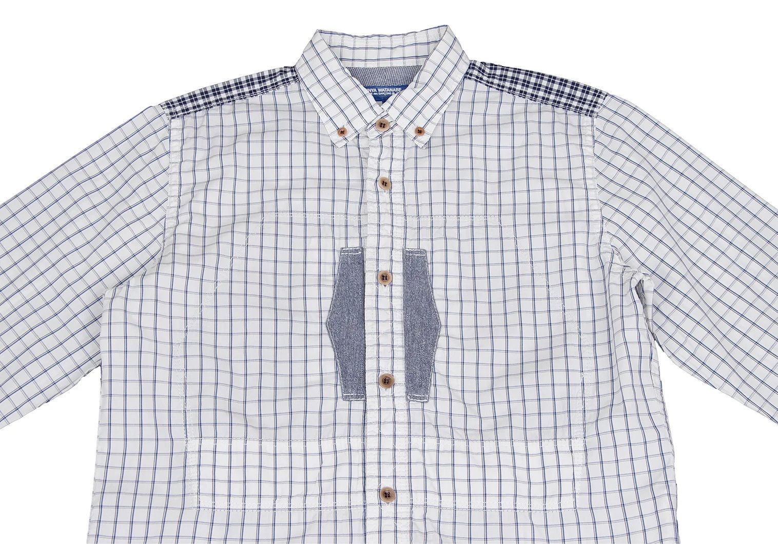 Junya Watanabe Patch Design Round Hem Check Button-Down Shirt White/Navy XS Size US XS / EU 42 / 0 - 2 Thumbnail