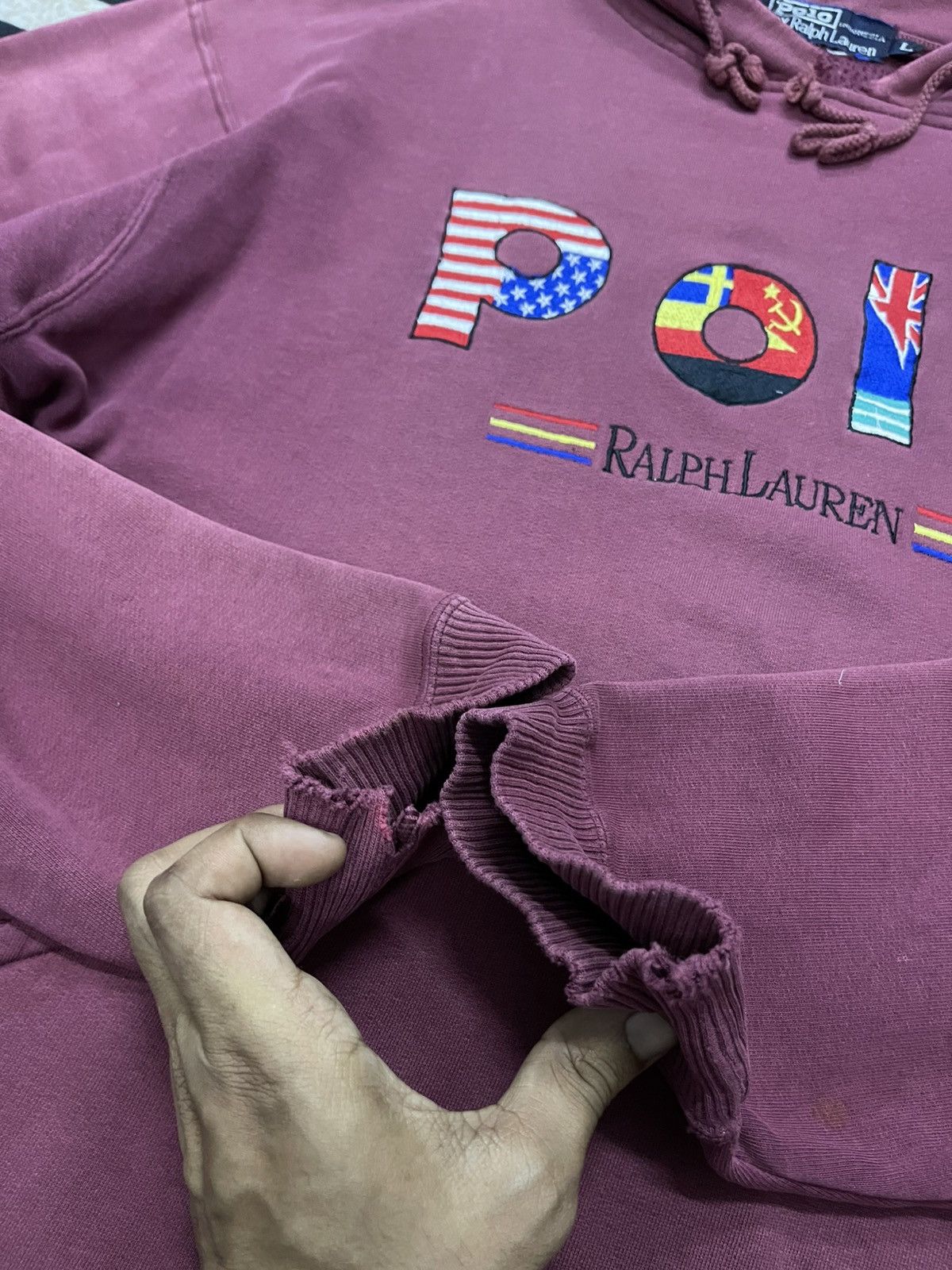 Polo Ralph Lauren × Vintage 90s POLO RALPH LAUREN EMBROIDERED LOGO DISTRESSED HOODIE Size US L / EU 52-54 / 3 - 11 Thumbnail