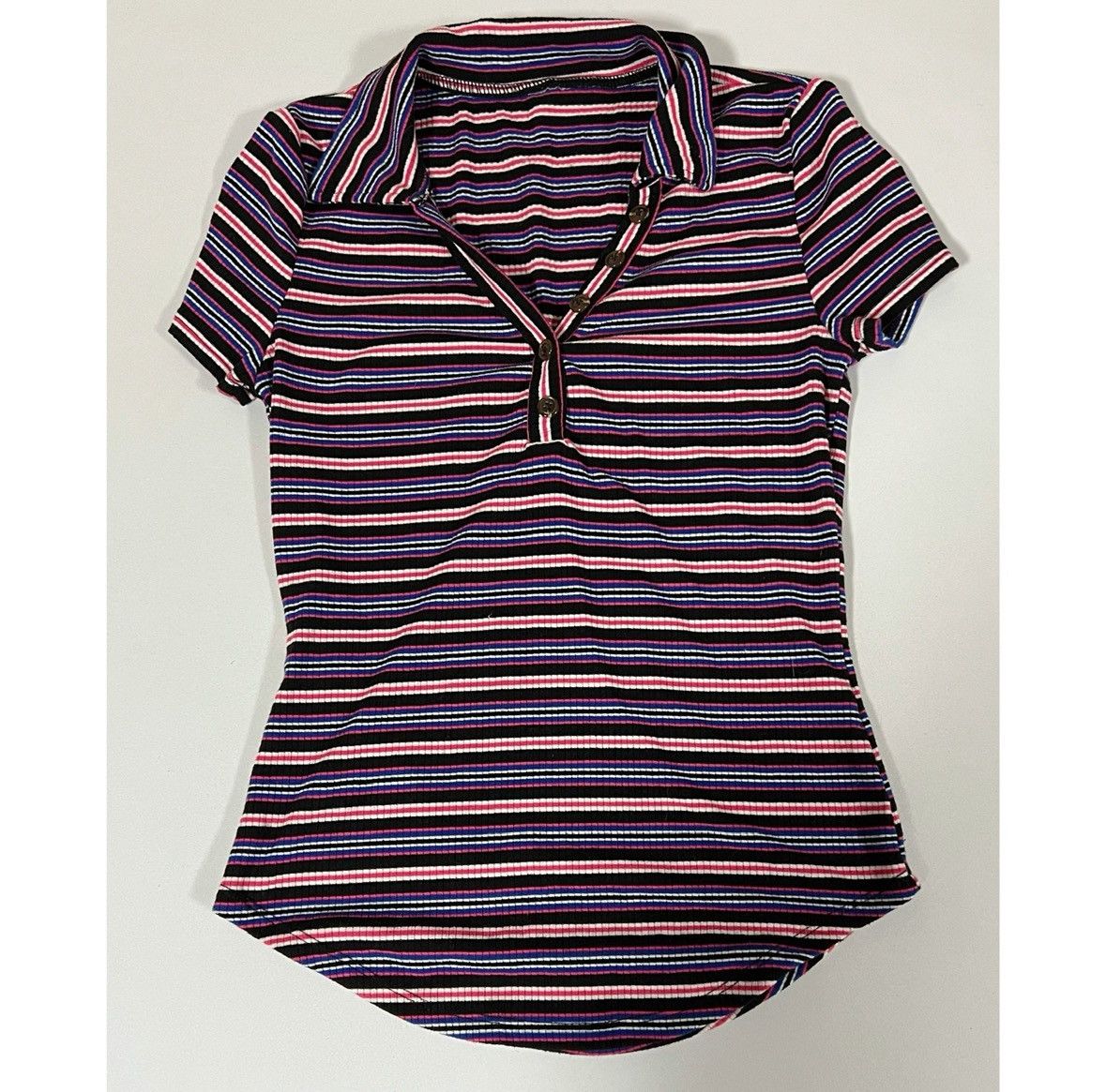 Vintage Black Pink Striped Collared Polo Shirt Top Blouse Size S 💖✨ Size S / US 4 / IT 40 - 2 Thumbnail