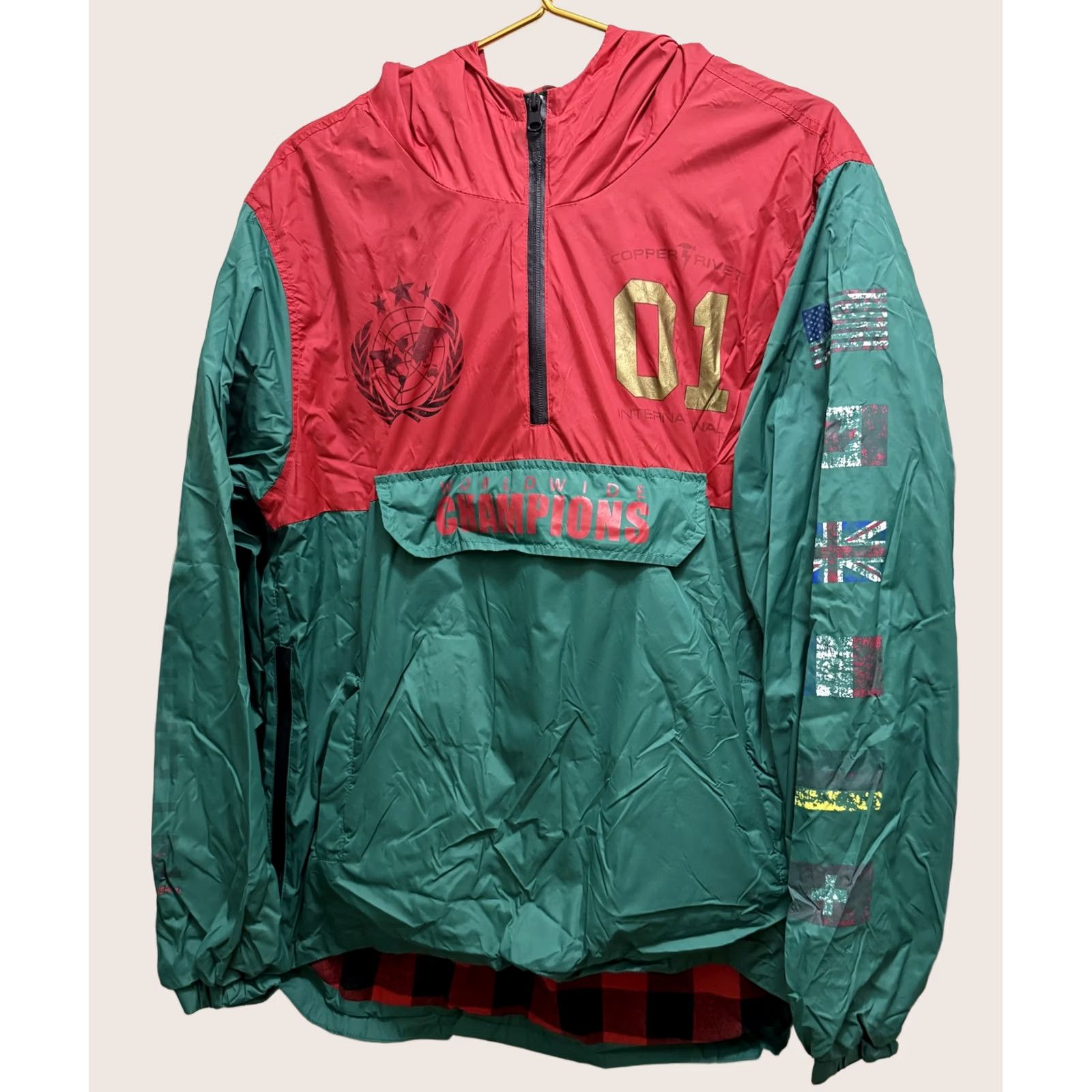 Vintage Copper Rivet Windbreaker Jacket Mens XL Red Green Worldwide Champions Hooded Size US XL / EU 56 / 4 - 1 Thumbnail