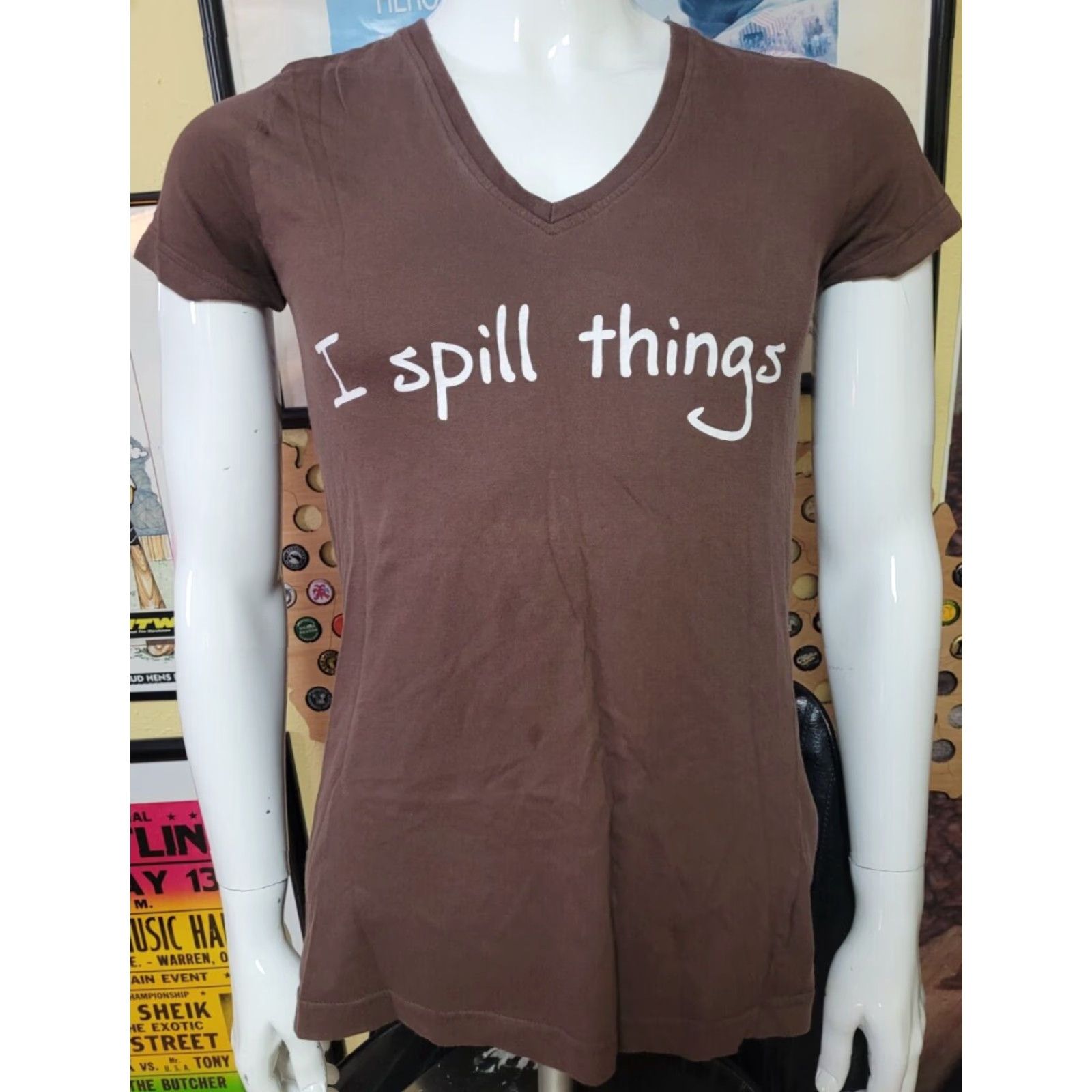 Vintage Womens T-Shirt Garden Cafe I Spill Things V-Neck XL Brown 100% Cotton LAT Short Sleeve Juniors Womens Halloween 90s? Size XL / US 12-14 / IT 48-50 - 2 Thumbnail