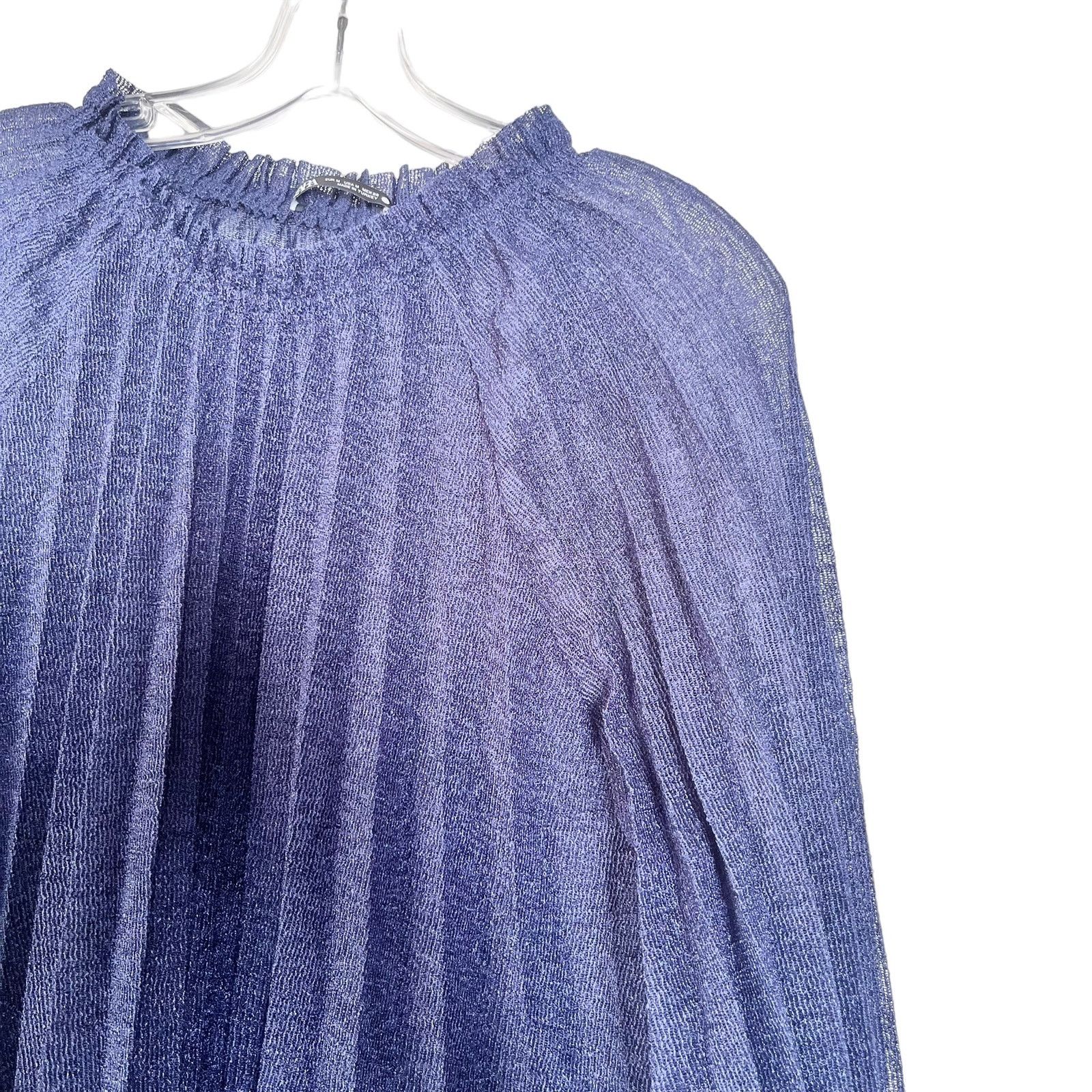 Zara Zara Knit Blue Pleated Bell Sleeve Ruffle Neck Sheer Blouse Size M / US 6-8 / IT 42-44 - 8 Thumbnail