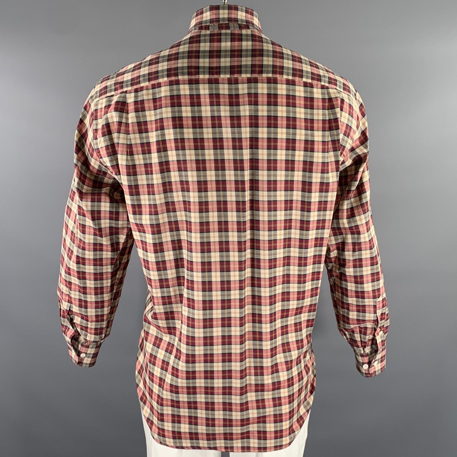 Brioni BRIONI L Burgundy Tan Tartan Cotton Button Down Size US L / EU 52-54 / 3 - 4 Thumbnail