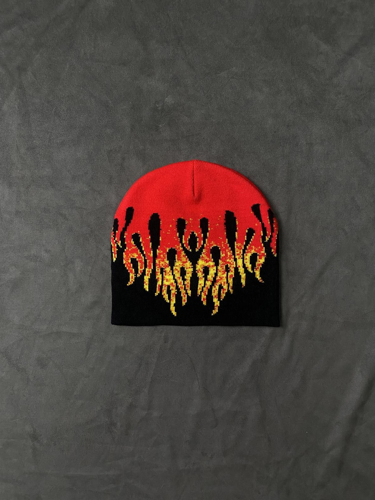 Japanese Brand Deadstock Flame Graphic No Cuff Knit Beanie Black Hat OS Size ONE SIZE - 2 Thumbnail