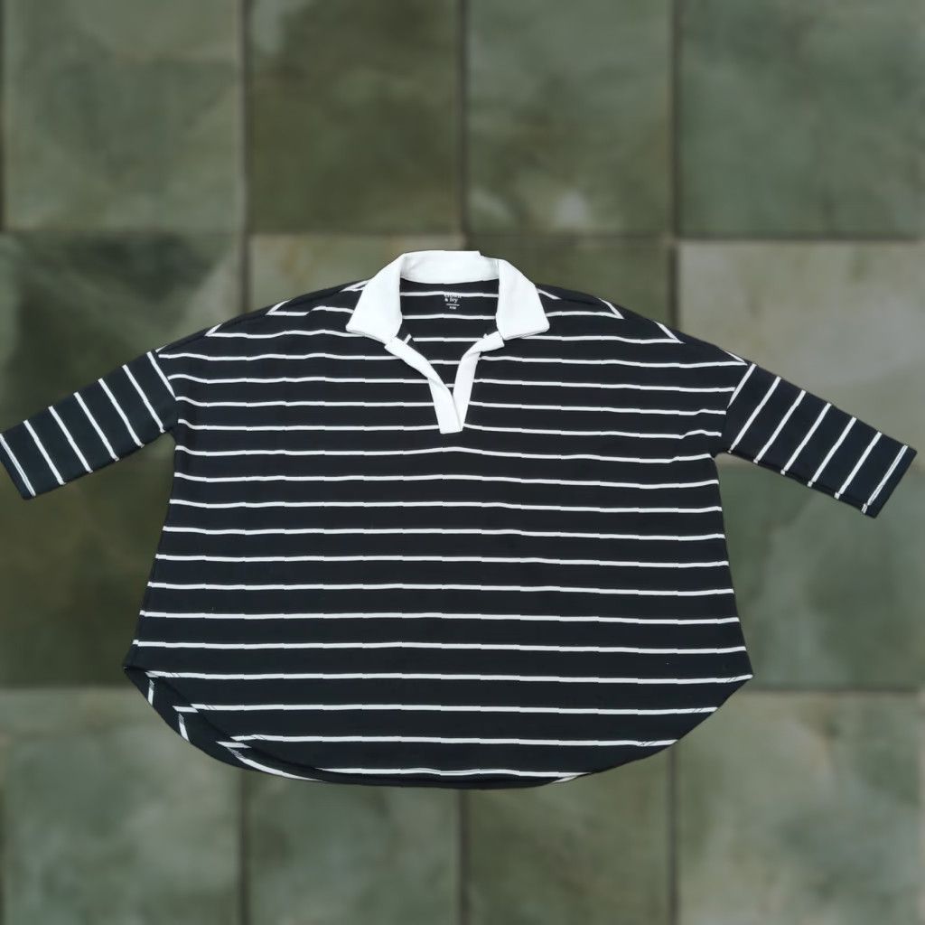 Vintage Crown & Ivy Top Women Petite Medium Black White Striped Oversized Polo Shirt Size M / US 6-8 / IT 42-44 - 1 Thumbnail