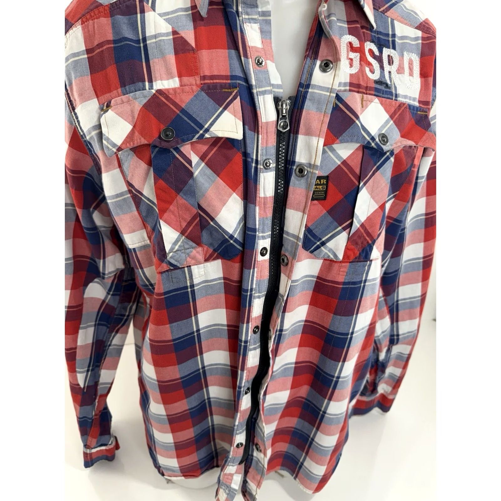 G-Star G-STAR RAW Plaid Shirt / Full Zip Embroidered L / XL Red White Blue Snap Button-Up - Men’s Long Sleeve, 2XL, Stars Theme, EXCELLENT Size US XXL / EU 58 / 5 - 3 Thumbnail