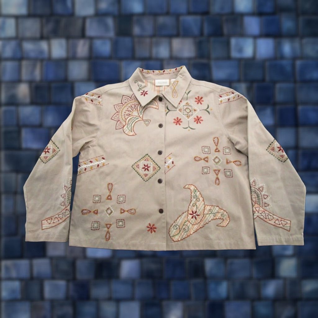 Vintage VINTAGE Studio Works Women’s Embroidered Cotton Beige Jacket L Beige Embroidered Women Jacket Size L / US 10 / IT 46 - 1 Thumbnail