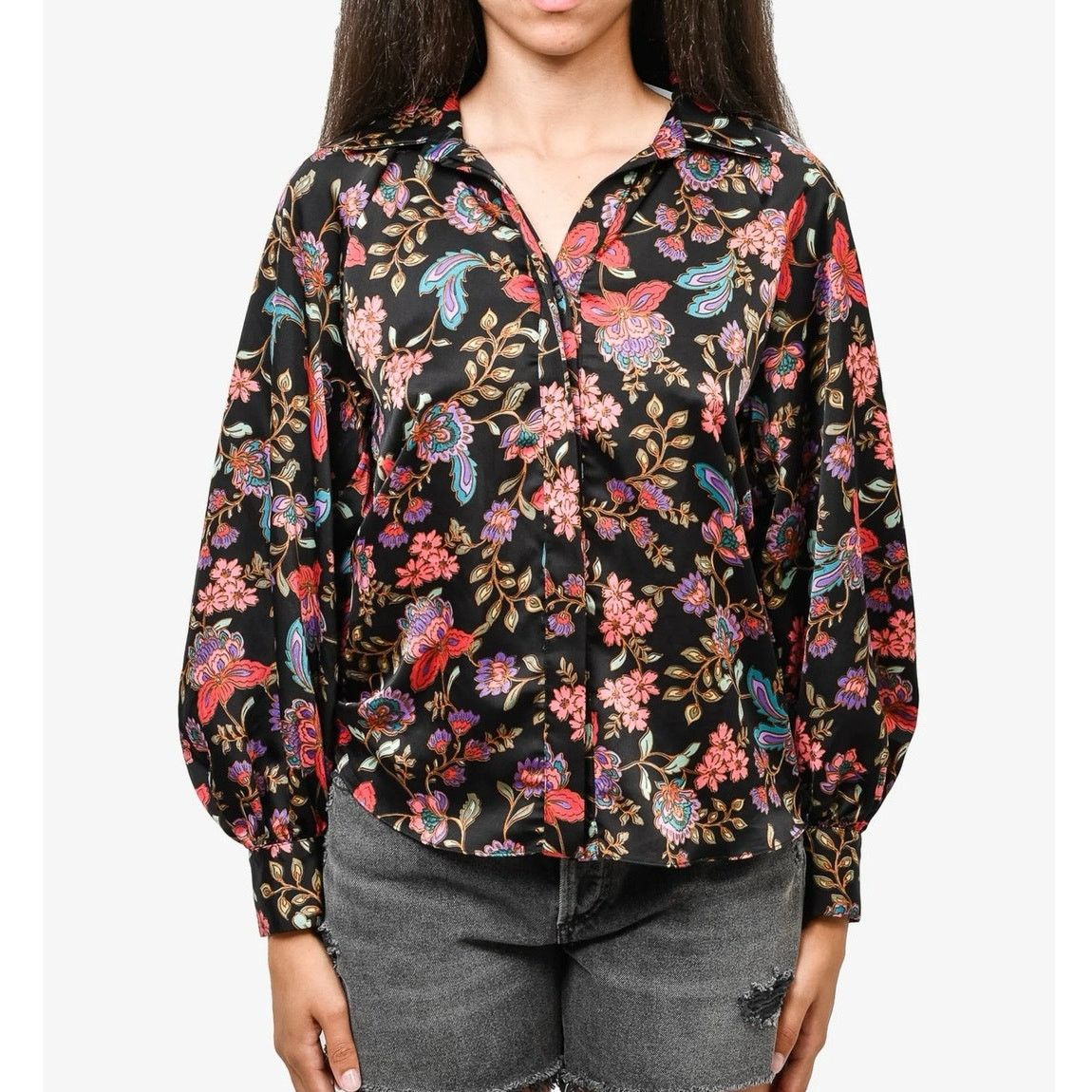 MISA Los Angeles $198 New Misa Floral Silky Button Down - XS - Black / Pink Size XS / US 0-2 / IT 36-38 - 1 Thumbnail