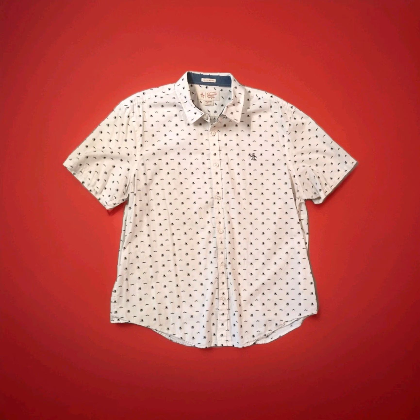 Vintage VINTAGE Penguin Shirt Top Hats & Mustaches Button-Up White 46" Chest XL Slim Fit Short Sleeve Geometric Geometric Pattern Mens Hosiery? Size US XL / EU 56 / 4 - 2 Thumbnail
