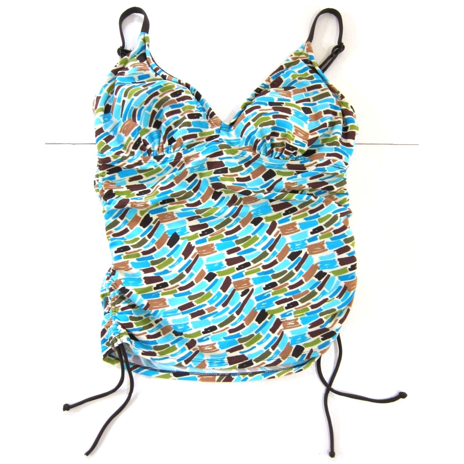 Vintage Coco Beach Blue Tankini Swim Top L Women Abstract Built In Bra Brown Green 34" Bust 30" Waist 23" Shoulder to Bottom Hem Mens? Size L / US 10 / IT 46 - 2 Thumbnail