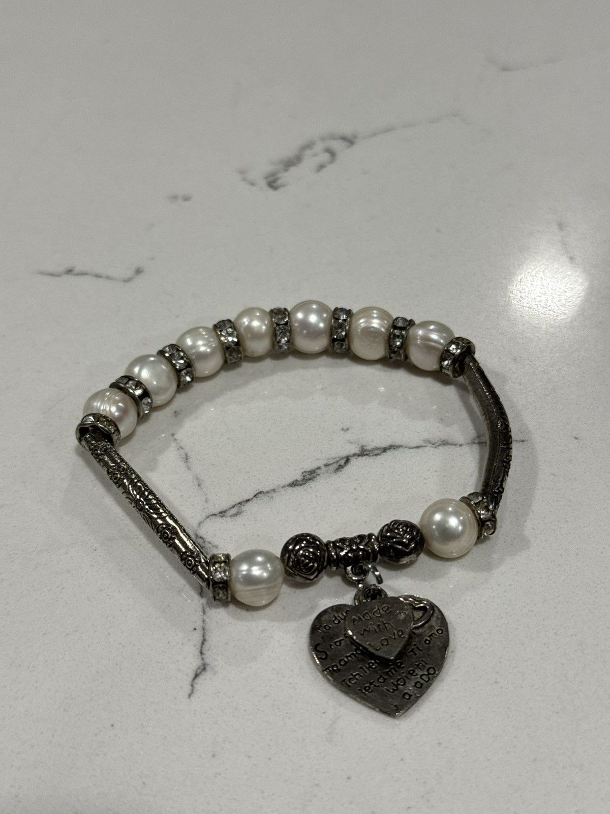 Jewelry Vintage Y2K Pearl Heart Charm Bracelet Rhinestone Coquette Size ONE SIZE - 3 Thumbnail