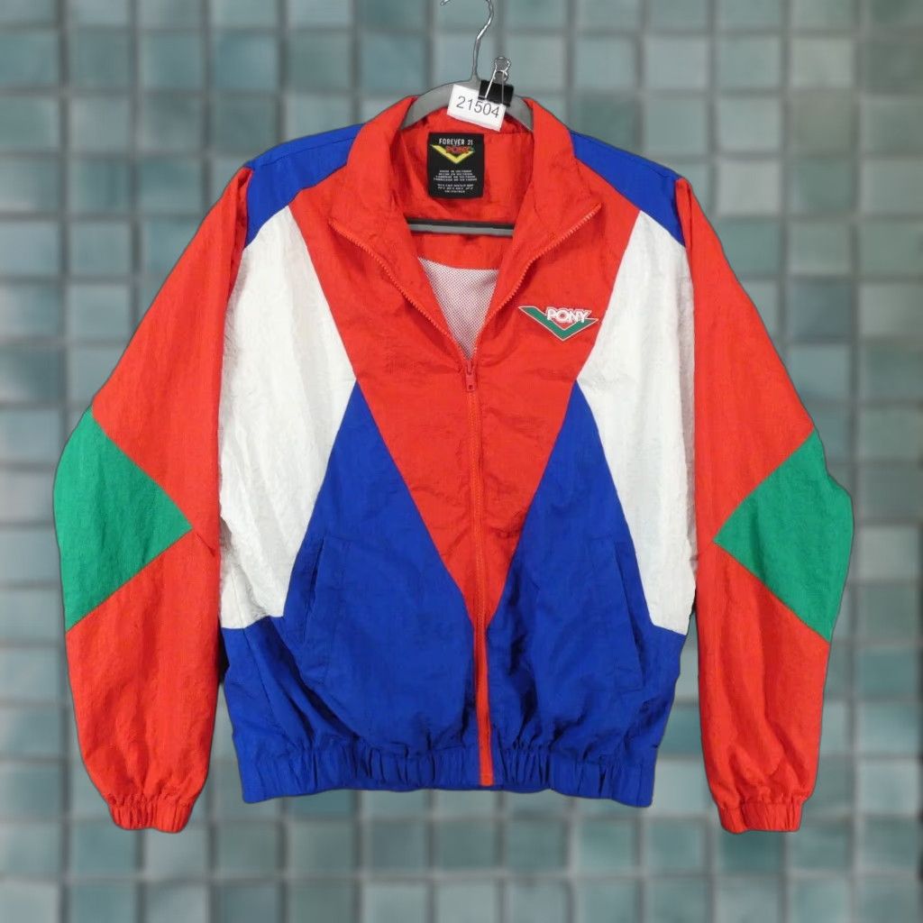 Forever 21 x Pony Windbreaker Jacket Mens Small Blue White Red Full Zip Retro