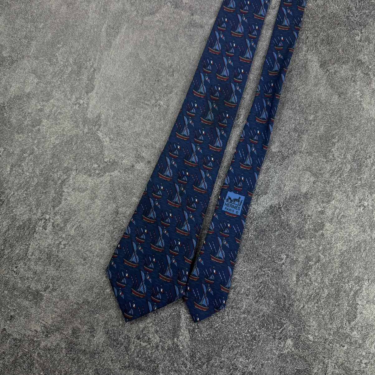 Hermes Hermès Navy Blue Silk Tie / Vintage Tall Ships Pattern Size ONE SIZE - 3 Thumbnail