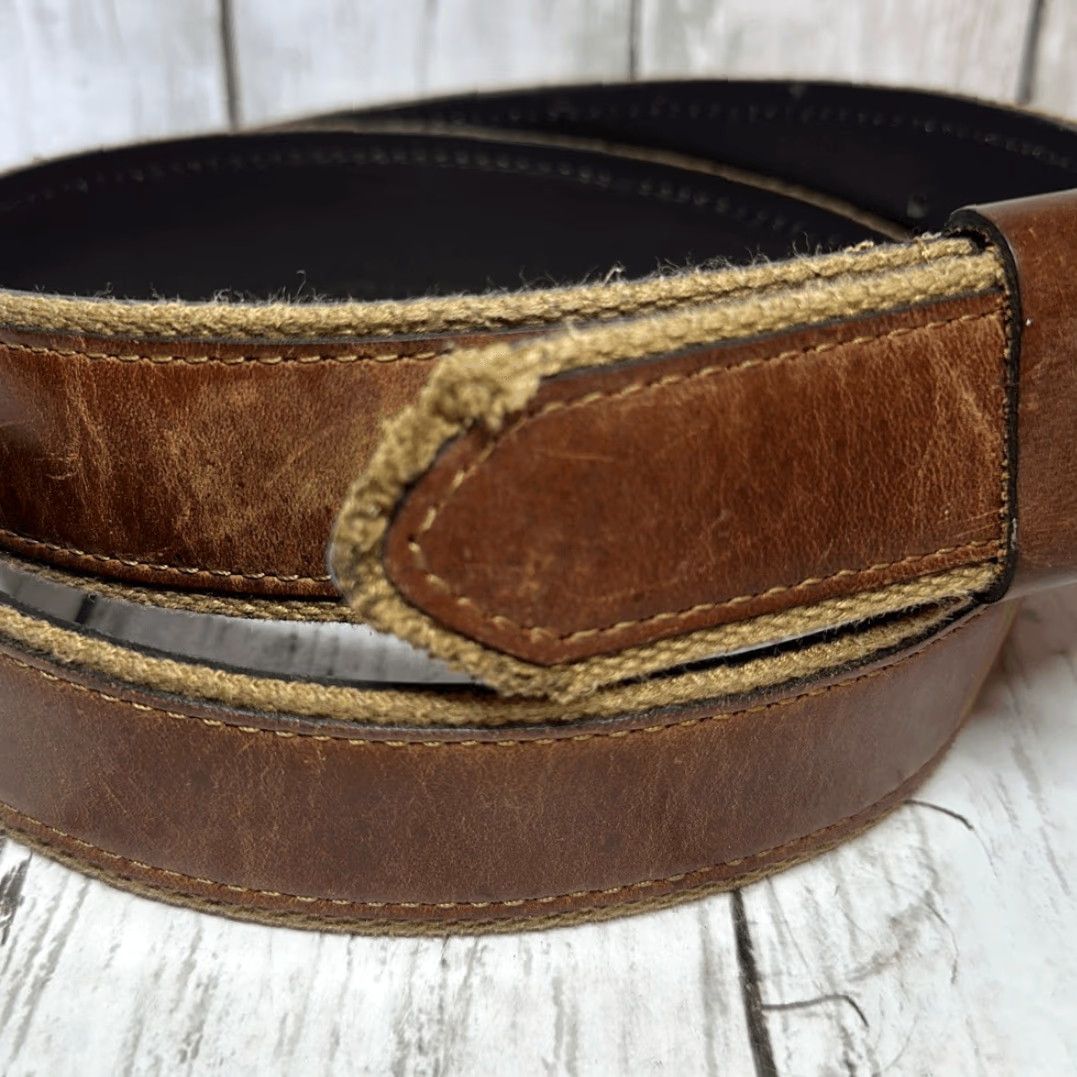 Vintage VINTAGE BILL ADLER Belt Brown Leather Canvas Trim Size 40 Mens Belt Brown 40 1.5” W 45” L 40 Mens Size 40 - 2 Thumbnail