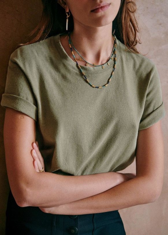 Sezane SEZANE Martha Khaki Cotton Linen T-shirt Size M / US 6-8 / IT 42-44 - 2 Thumbnail