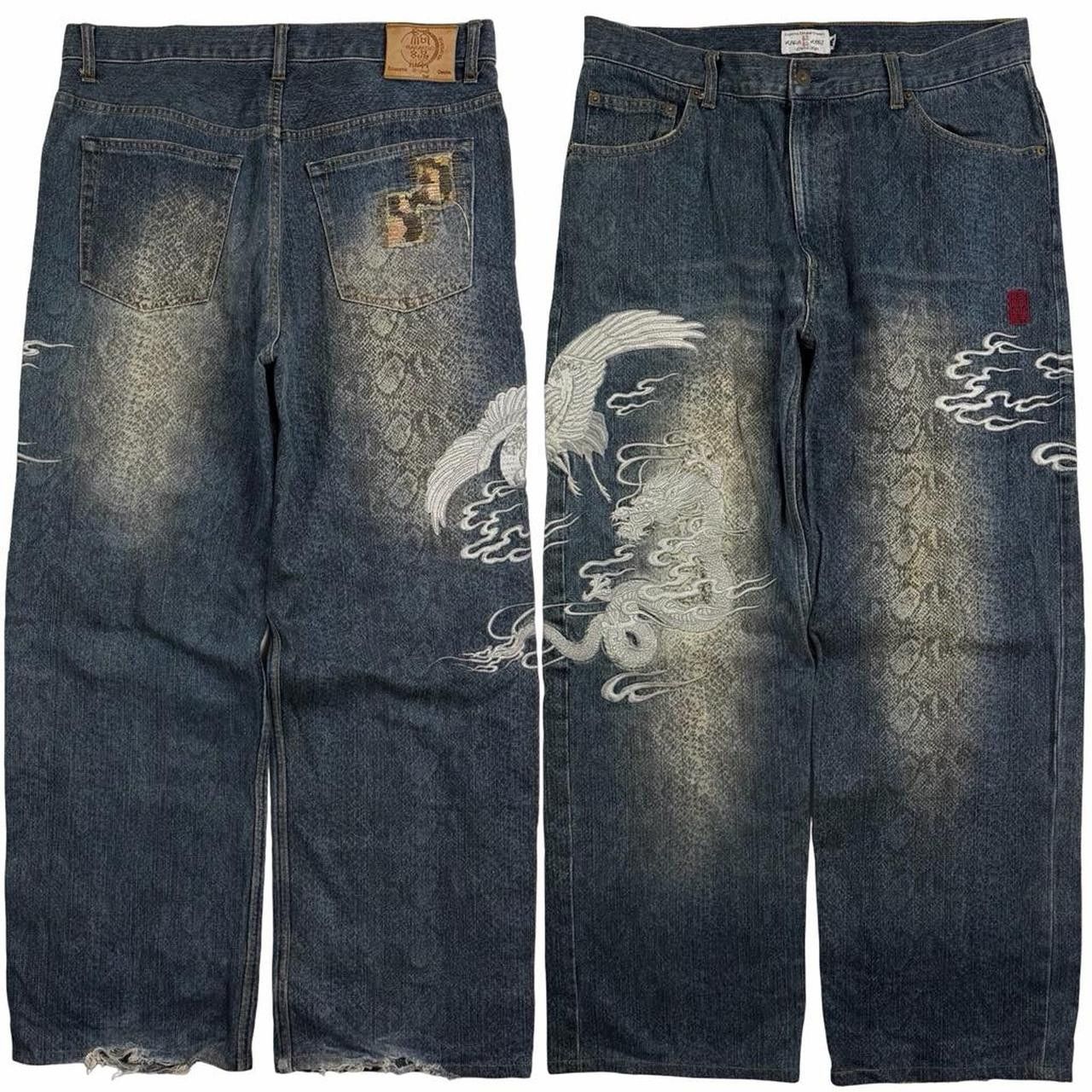 Karakuri Tamashii Karakuri Tamashii Embroidered Dragon Japanese Jeans Waist 37 Size US 37 - 1 Thumbnail