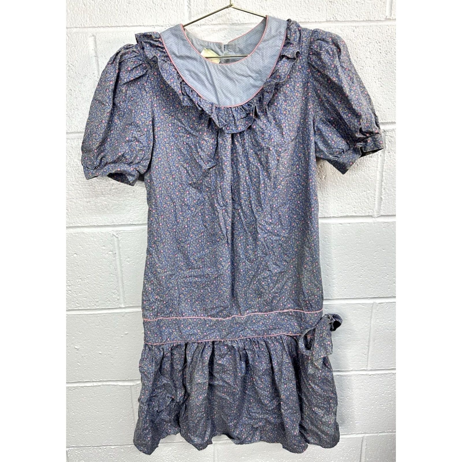 Vintage VTG 80s Byer Too! Floral Prairie Dress Puff Sleeves Drop Waist Ruffle Collar 11 Size S / US 4 / IT 40 - 2 Thumbnail
