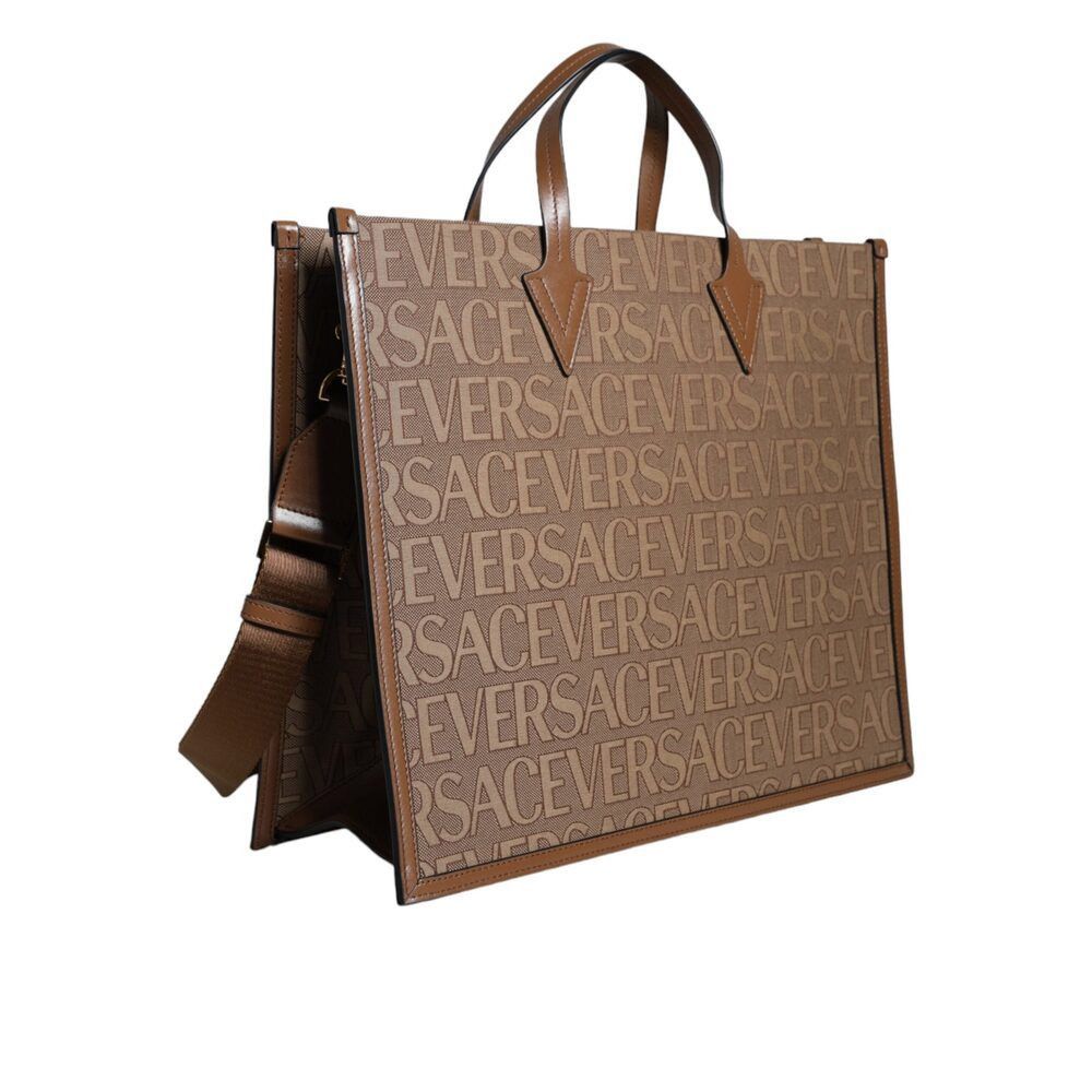 Versace Versace Brown Top Handle Jacquard Leather Logo Crossbody Tot Size ONE SIZE - 4 Thumbnail